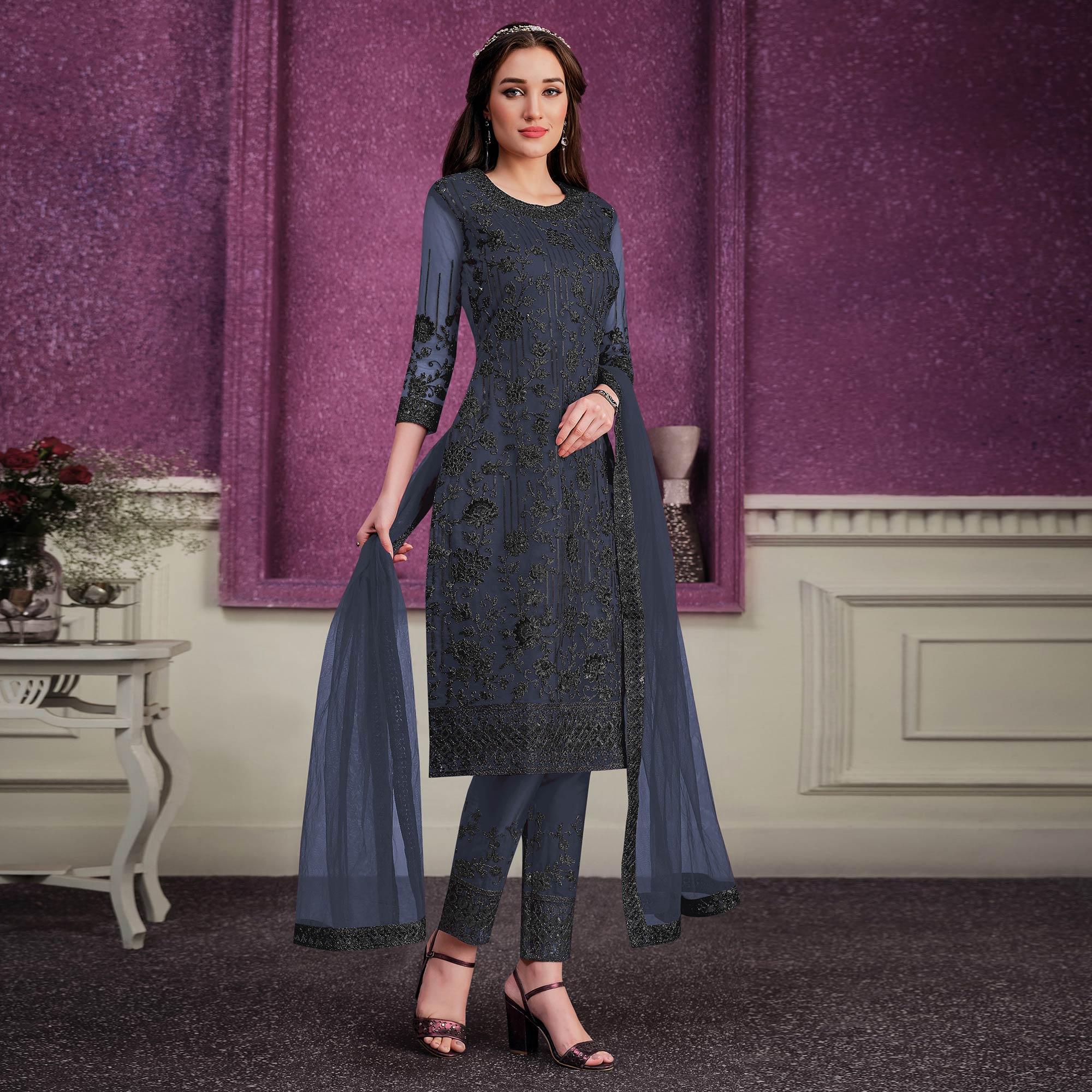 Navy Blue Floral Embroidered Soft Net Partywear Suit - Peachmode