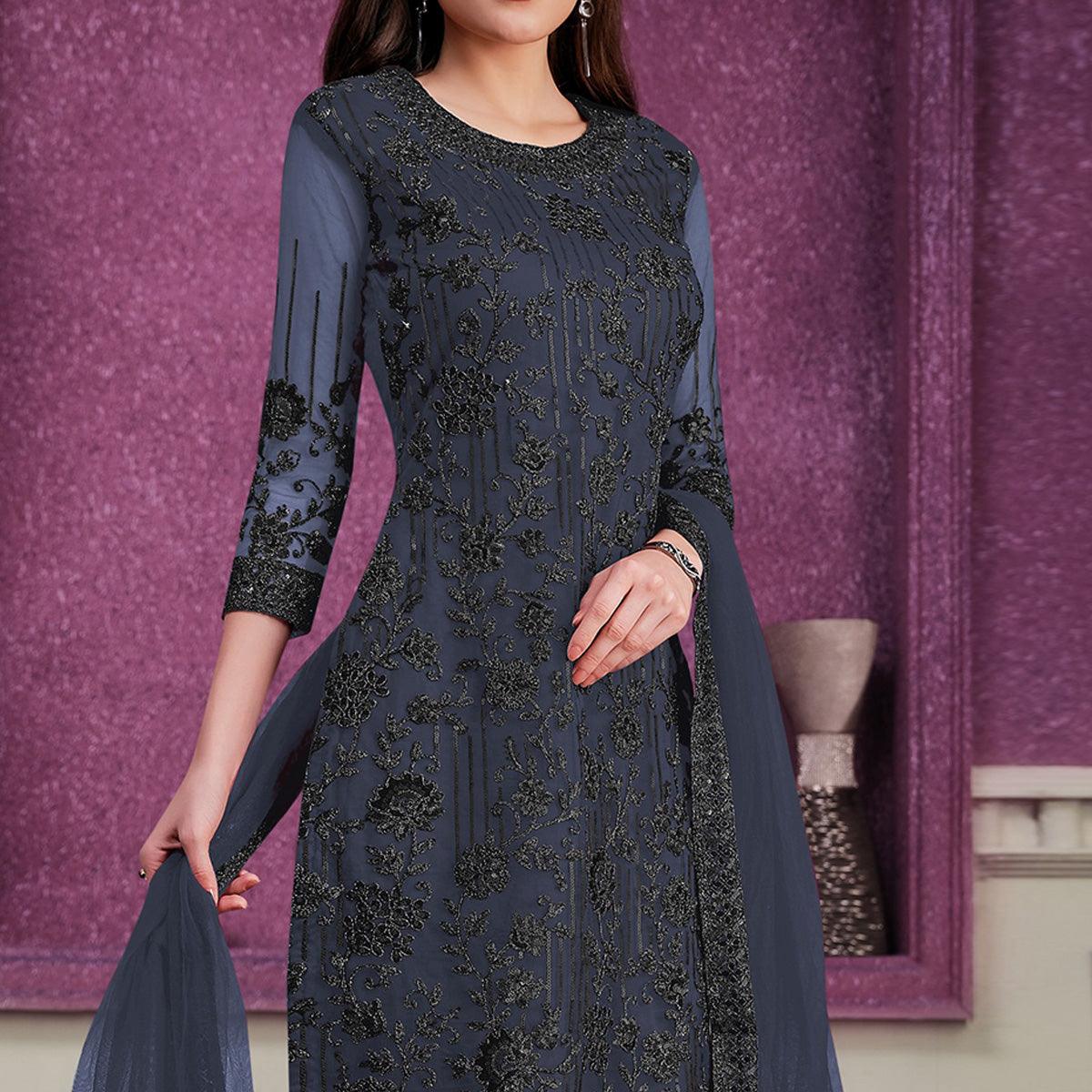 Navy Blue Floral Embroidered Soft Net Partywear Suit - Peachmode