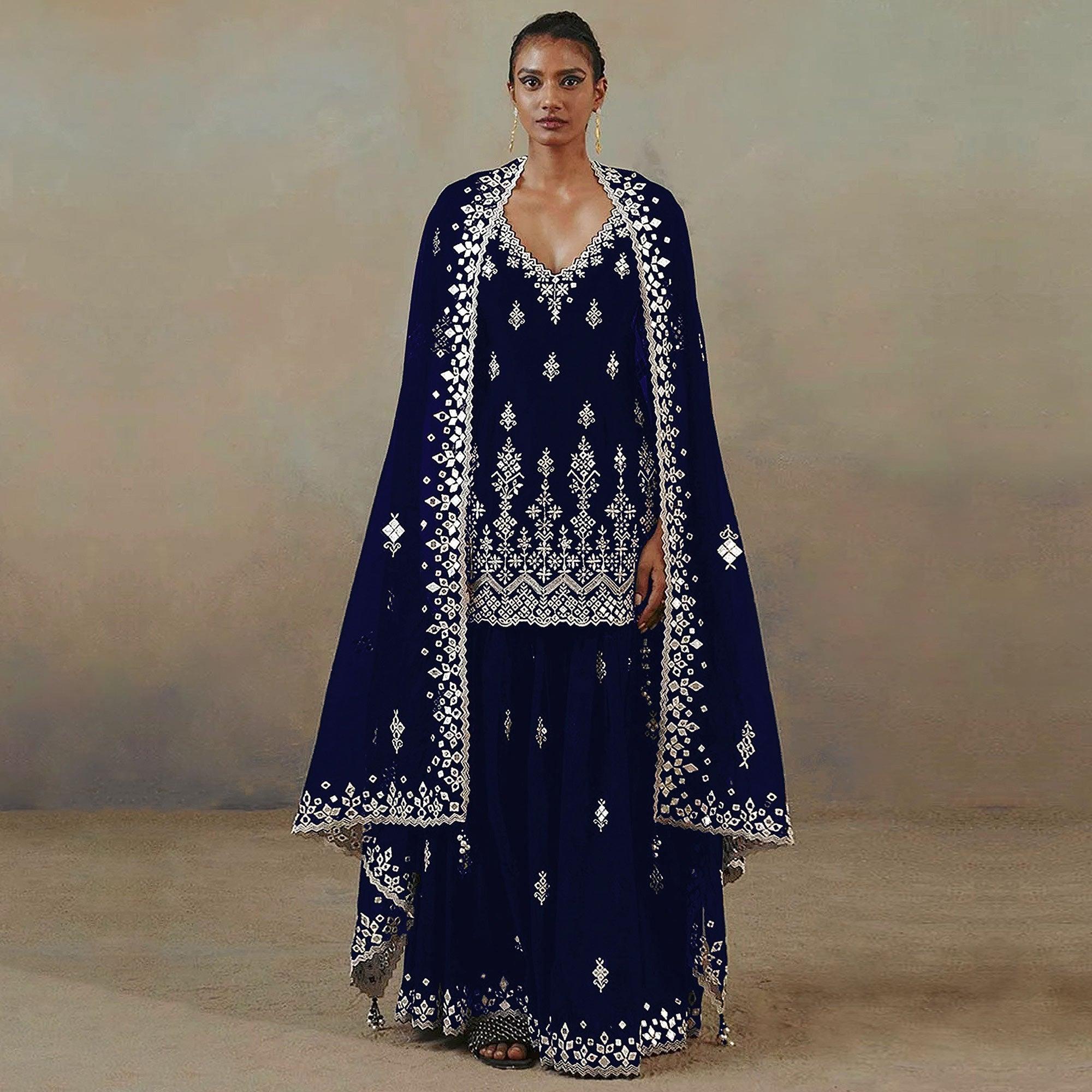 Navy Blue Floral Embroidered With Mirror Work Georgette Sharara Suit - Peachmode