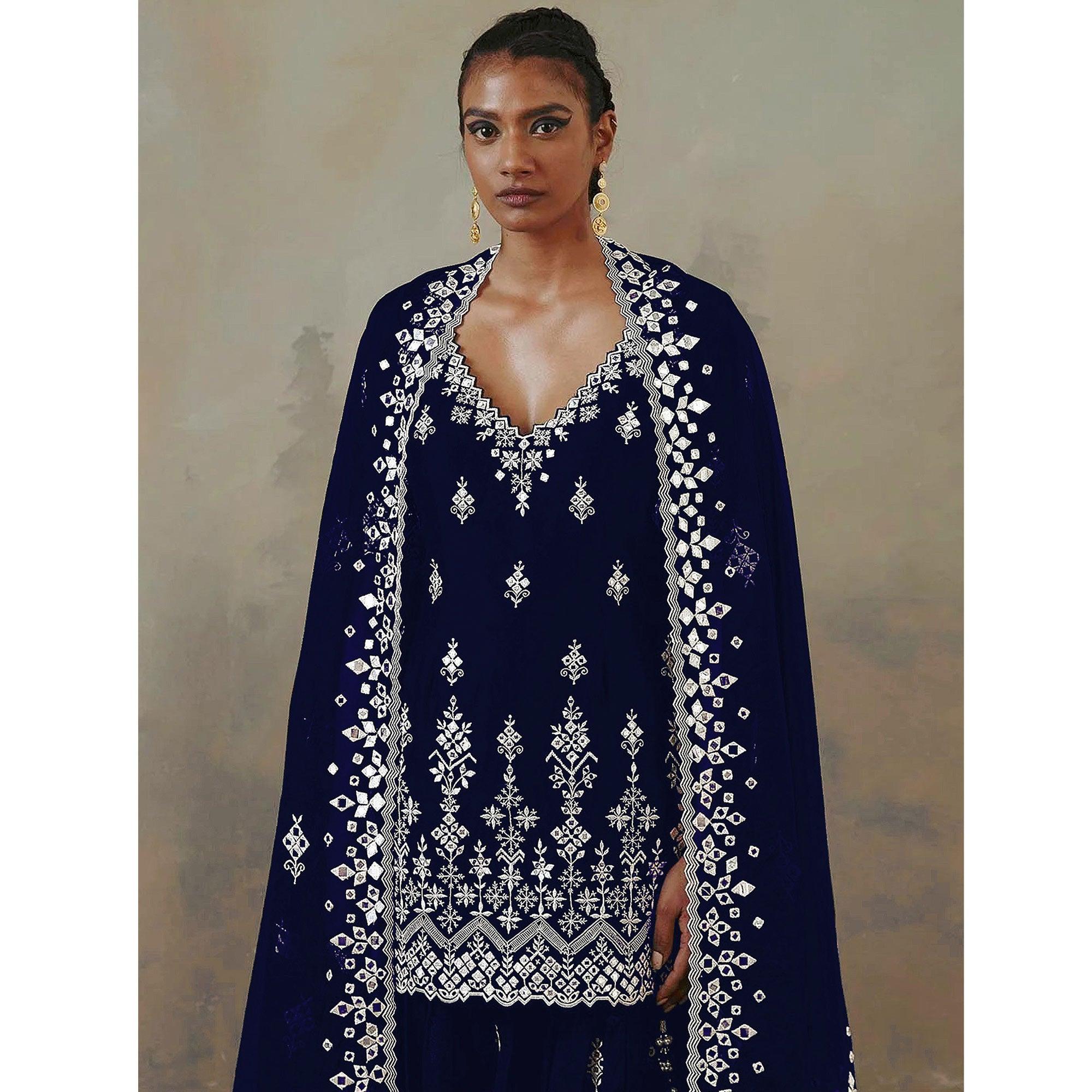 Navy Blue Floral Embroidered With Mirror Work Georgette Sharara Suit - Peachmode