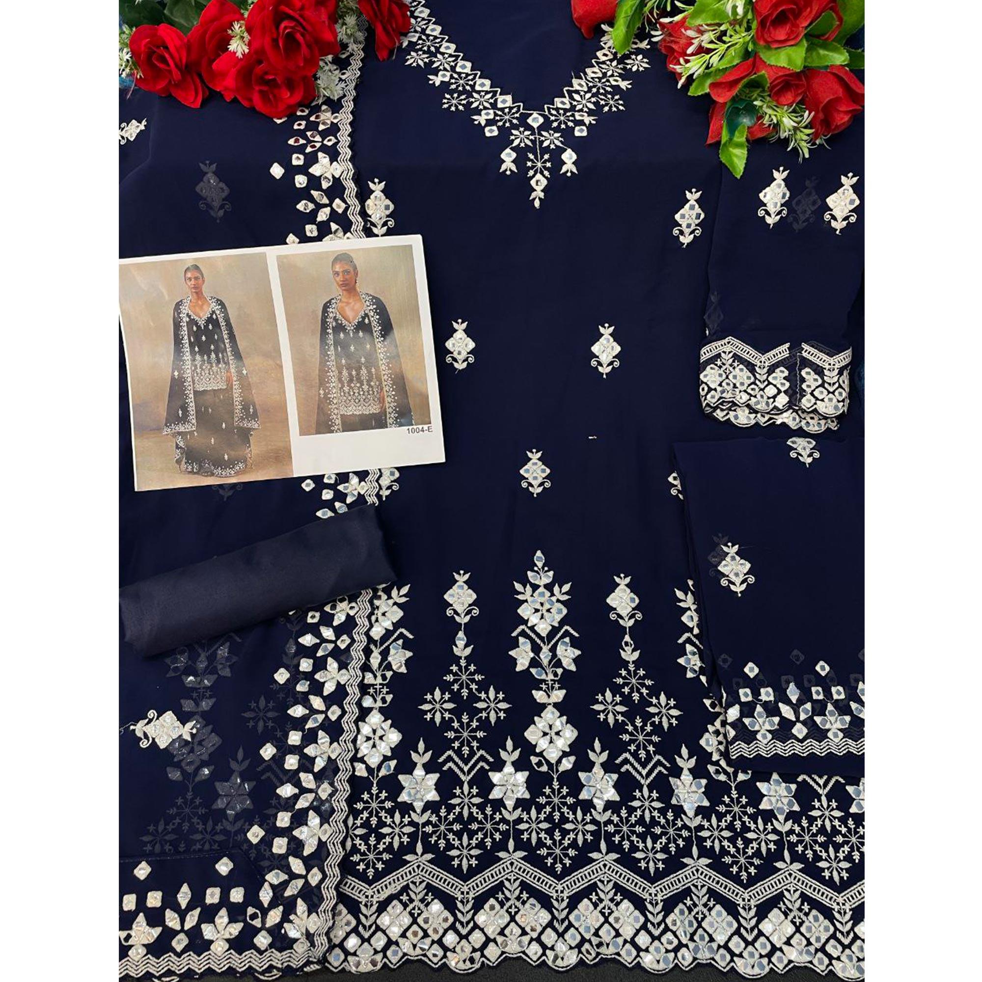 Navy Blue Floral Embroidered With Mirror Work Georgette Sharara Suit - Peachmode