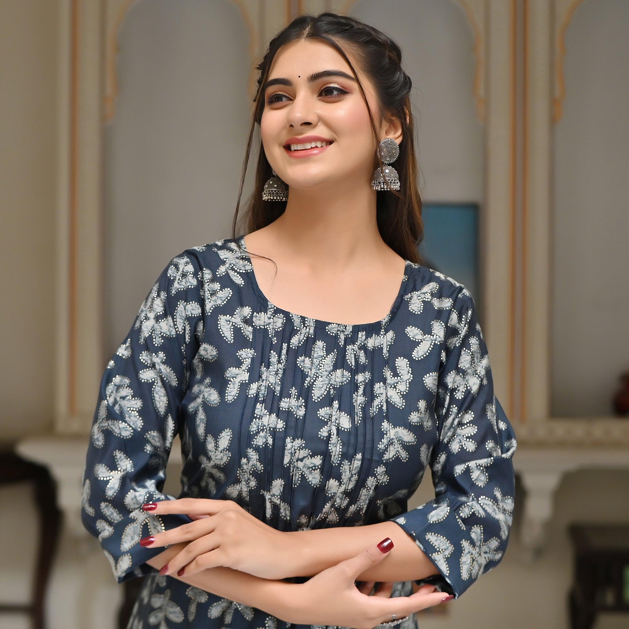 Navy Blue Floral Foil Printed Modal Kurti Pant Set - Peachmode