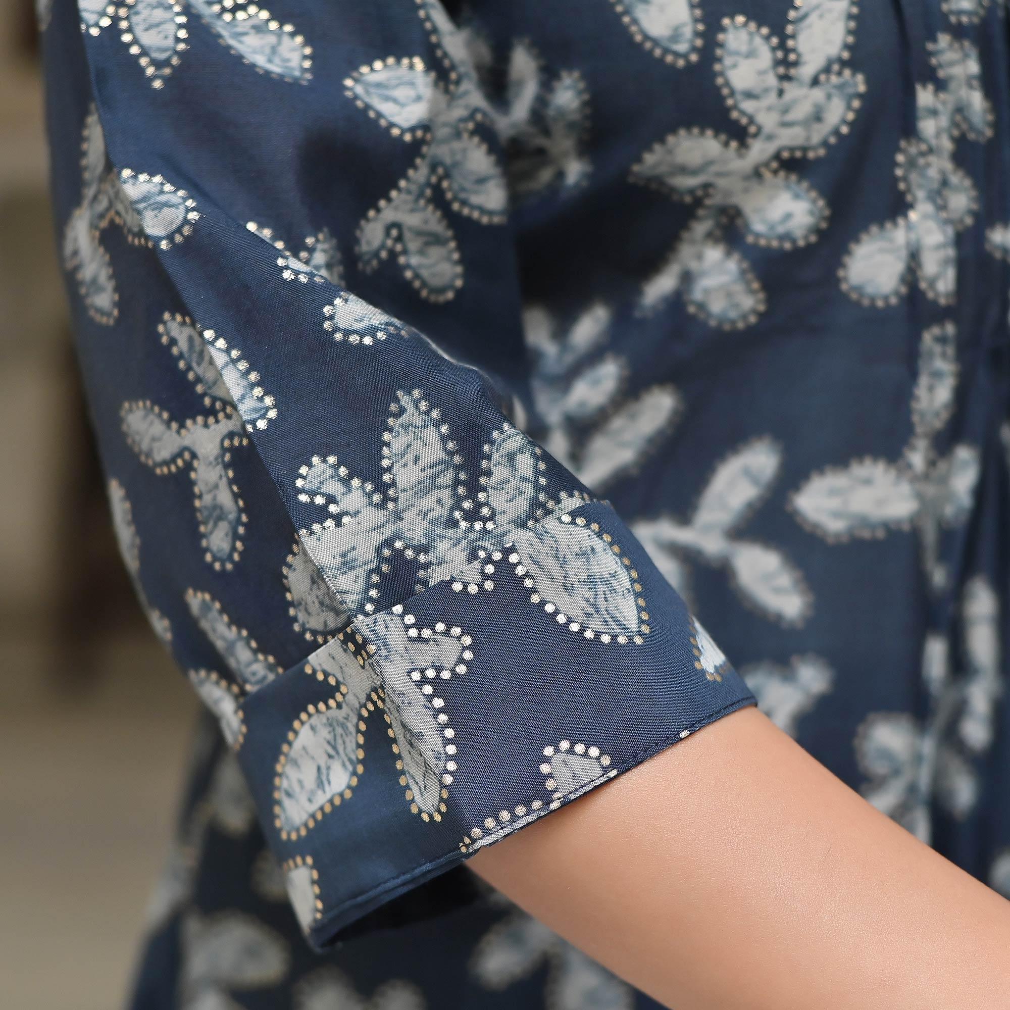 Navy Blue Floral Foil Printed Modal Kurti Pant Set - Peachmode
