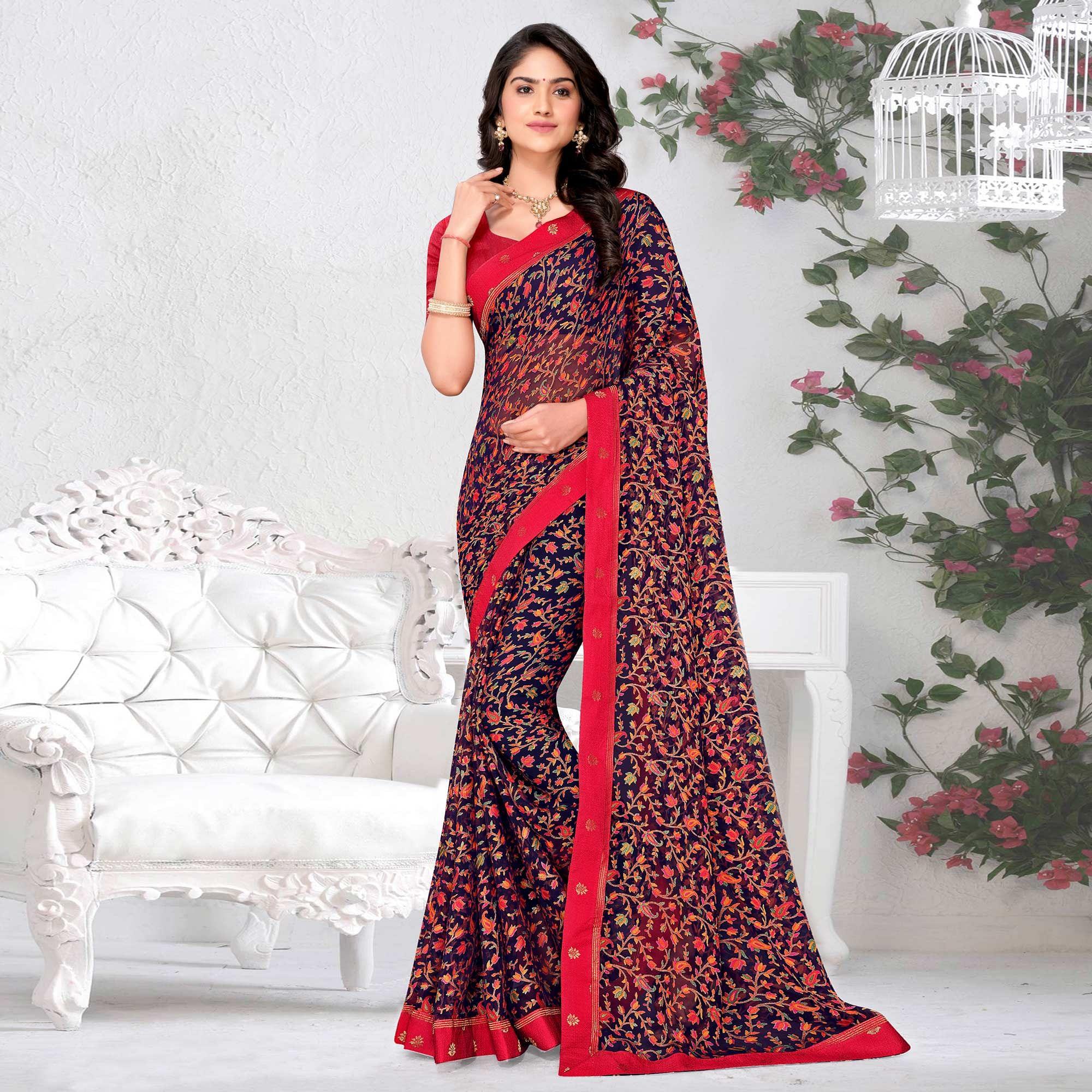 Navy Blue Floral Printed Brasso Saree - Peachmode