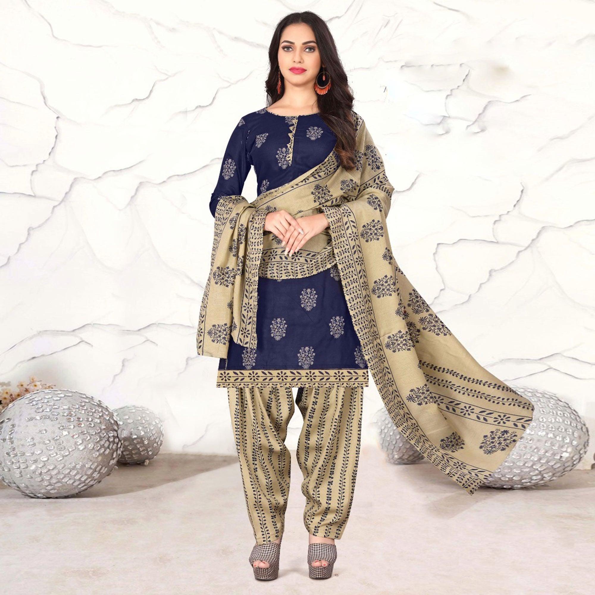 Navy Blue Floral Printed Cotton Blend Dress Material - Peachmode