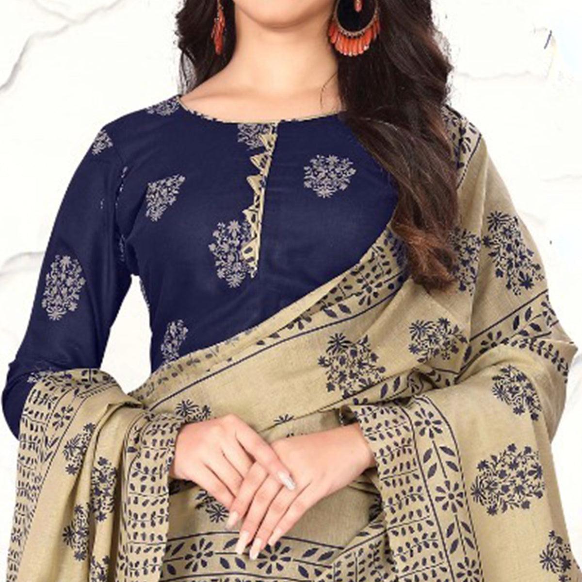 Navy Blue Floral Printed Cotton Blend Dress Material - Peachmode