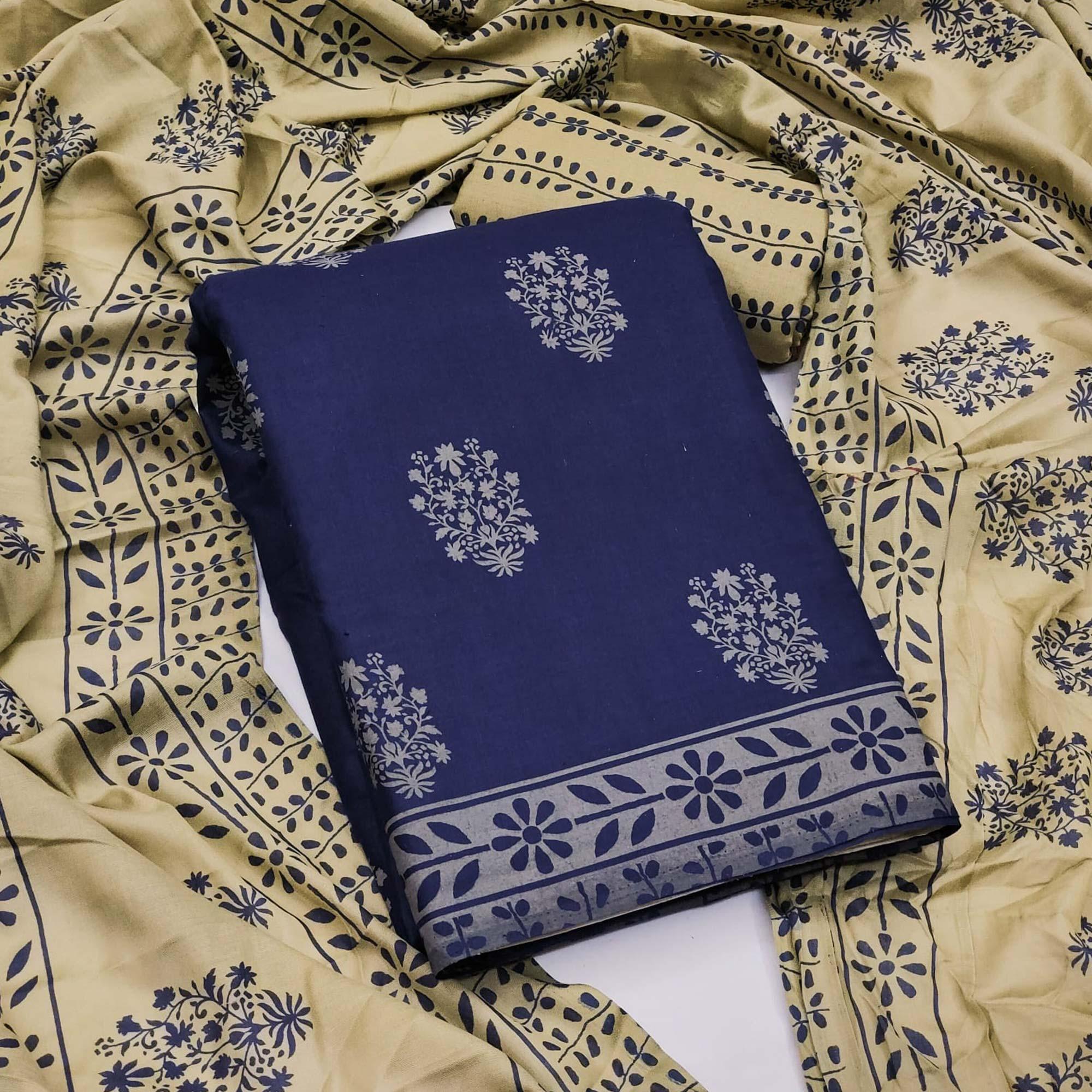 Navy Blue Floral Printed Cotton Blend Dress Material - Peachmode