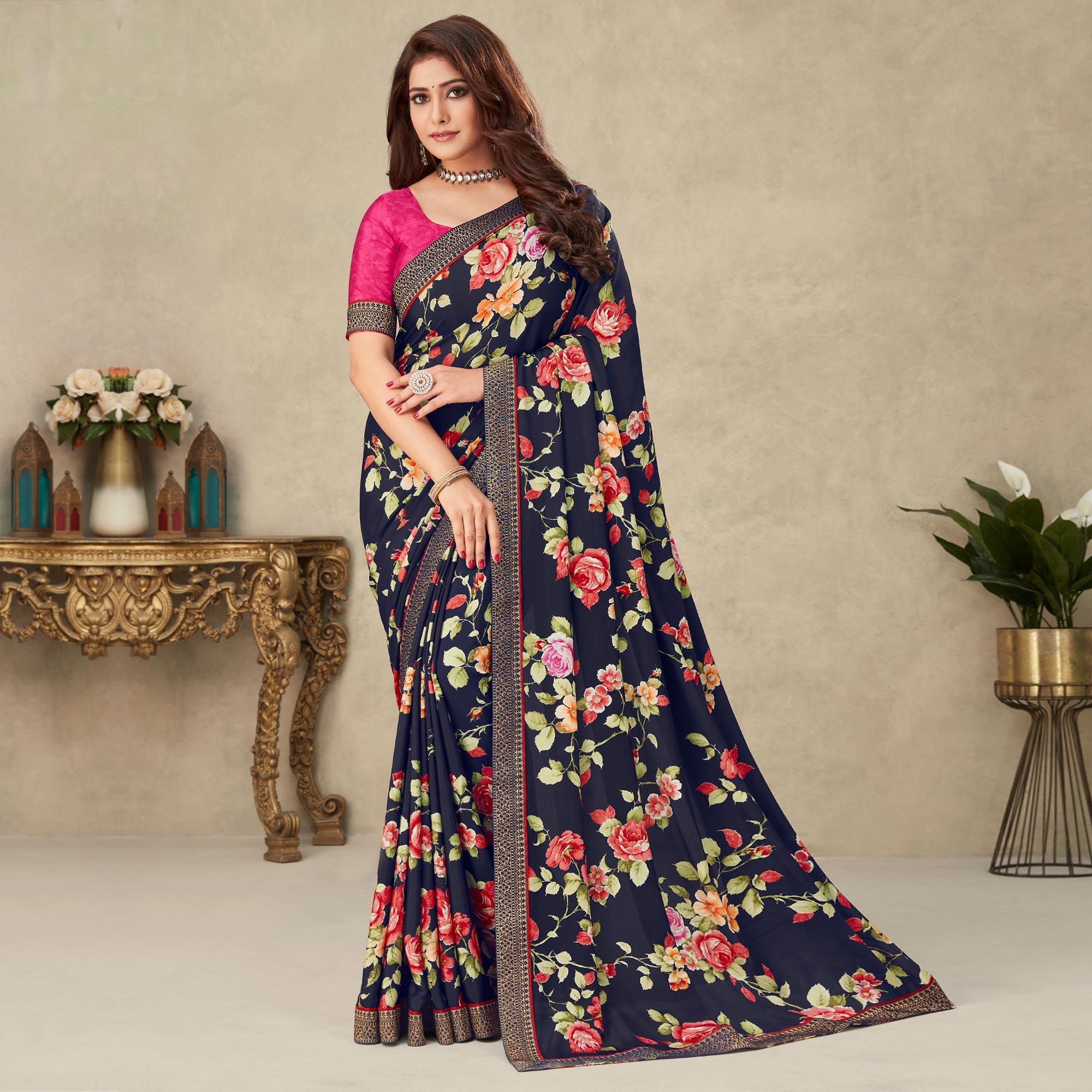 Navy Blue Floral Printed Crepe Saree - Peachmode