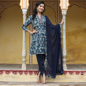 Navy Blue Floral Printed Muslin Salwar Suit - Peachmode