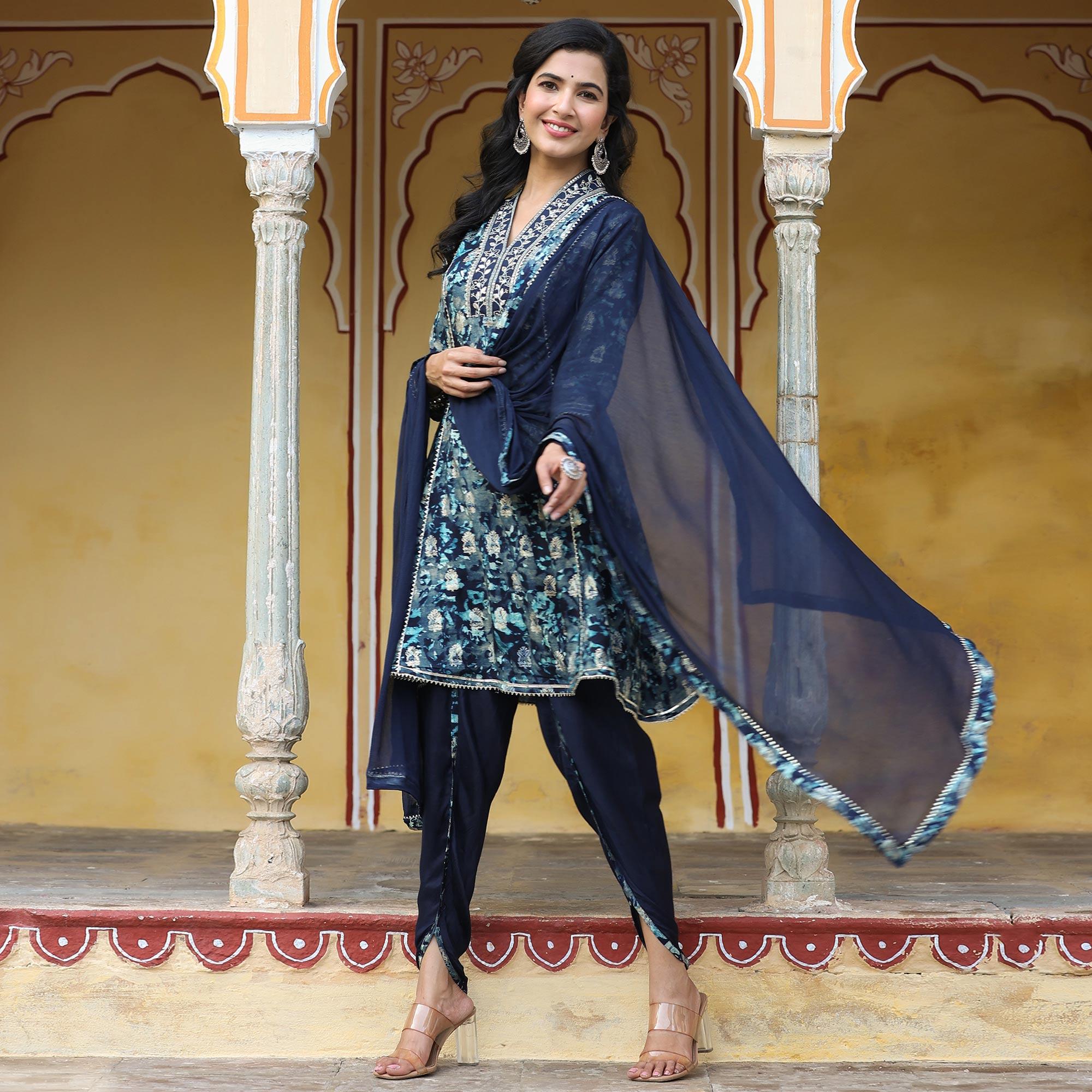 Navy Blue Floral Printed Muslin Salwar Suit - Peachmode