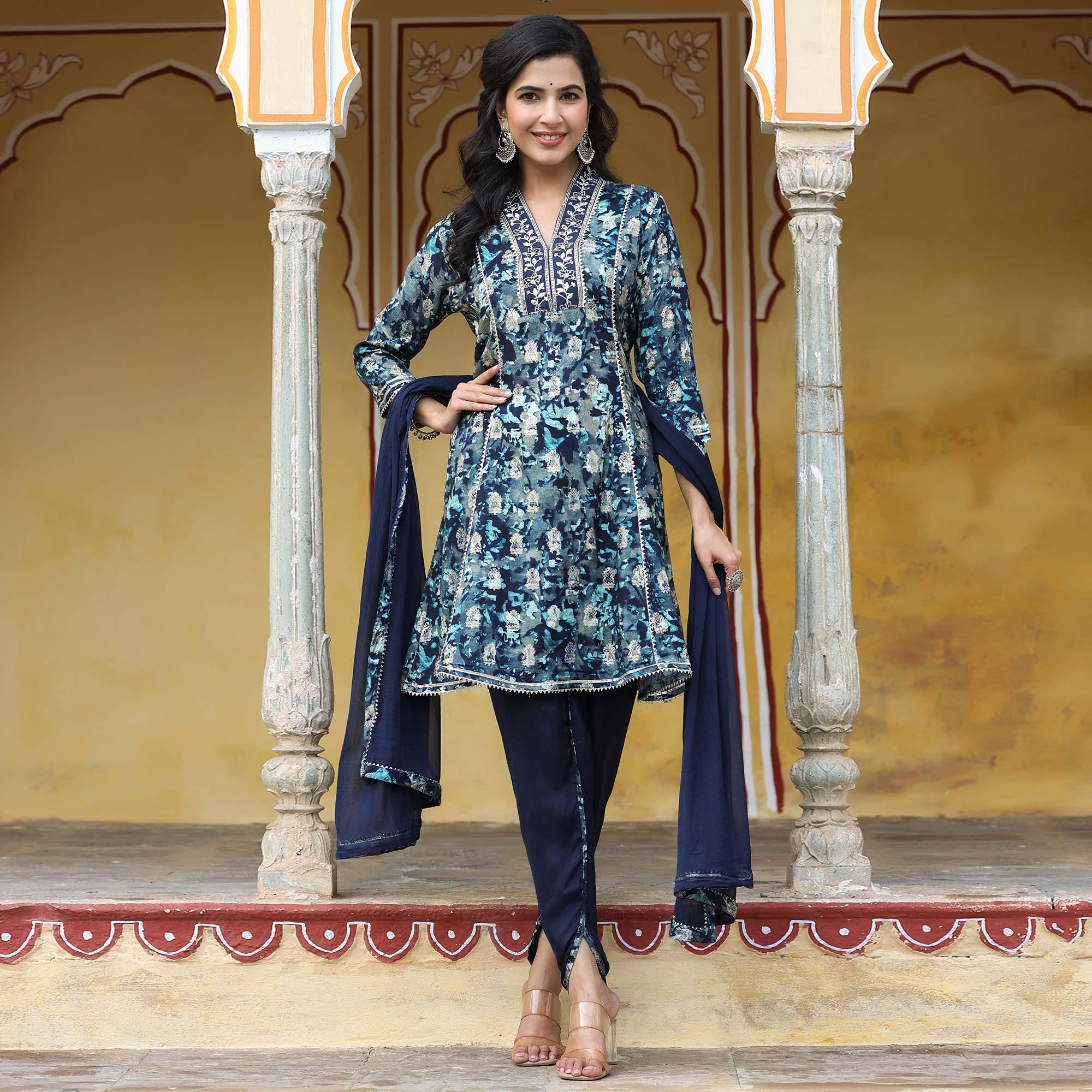 Navy Blue Floral Printed Muslin Salwar Suit - Peachmode