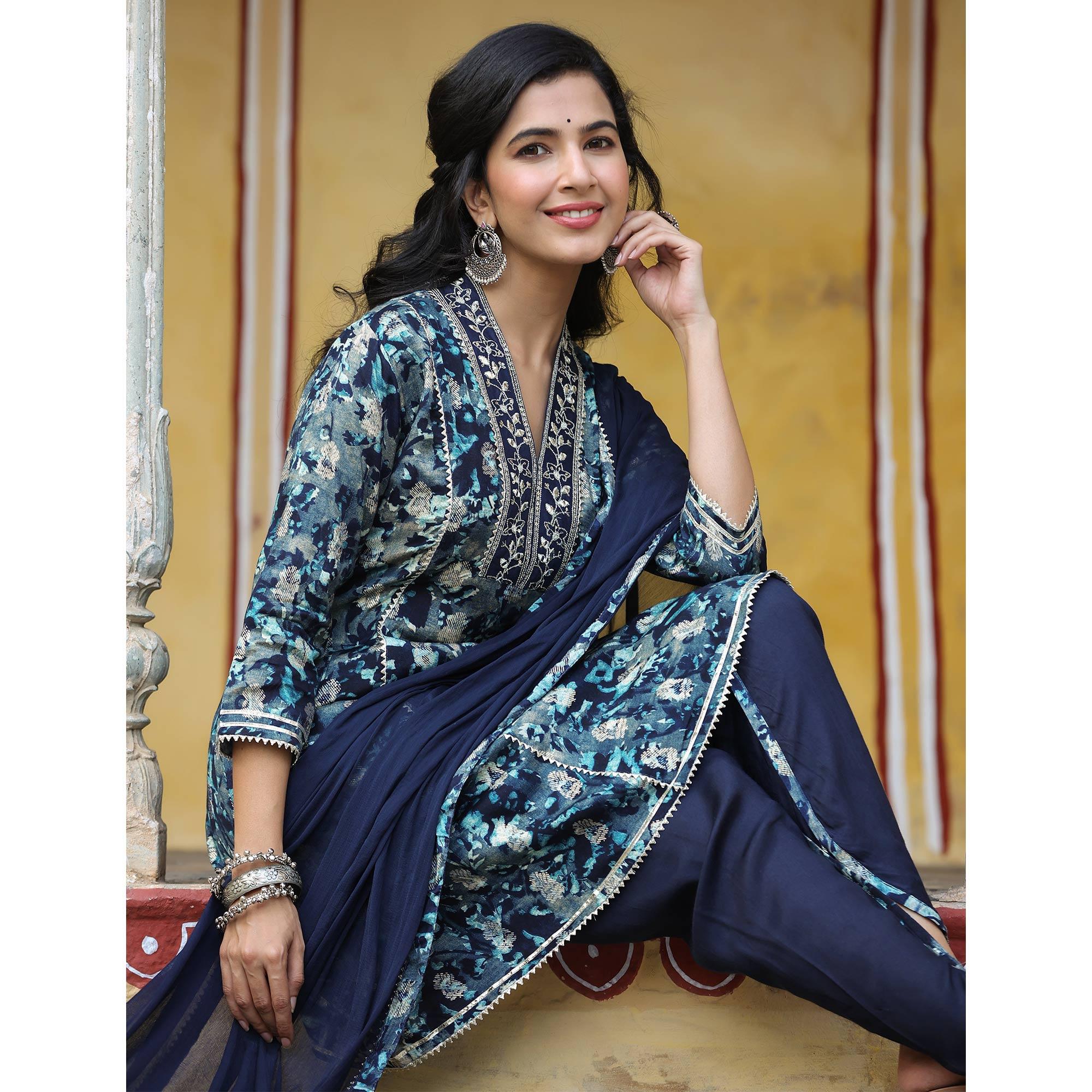 Navy Blue Floral Printed Muslin Salwar Suit - Peachmode