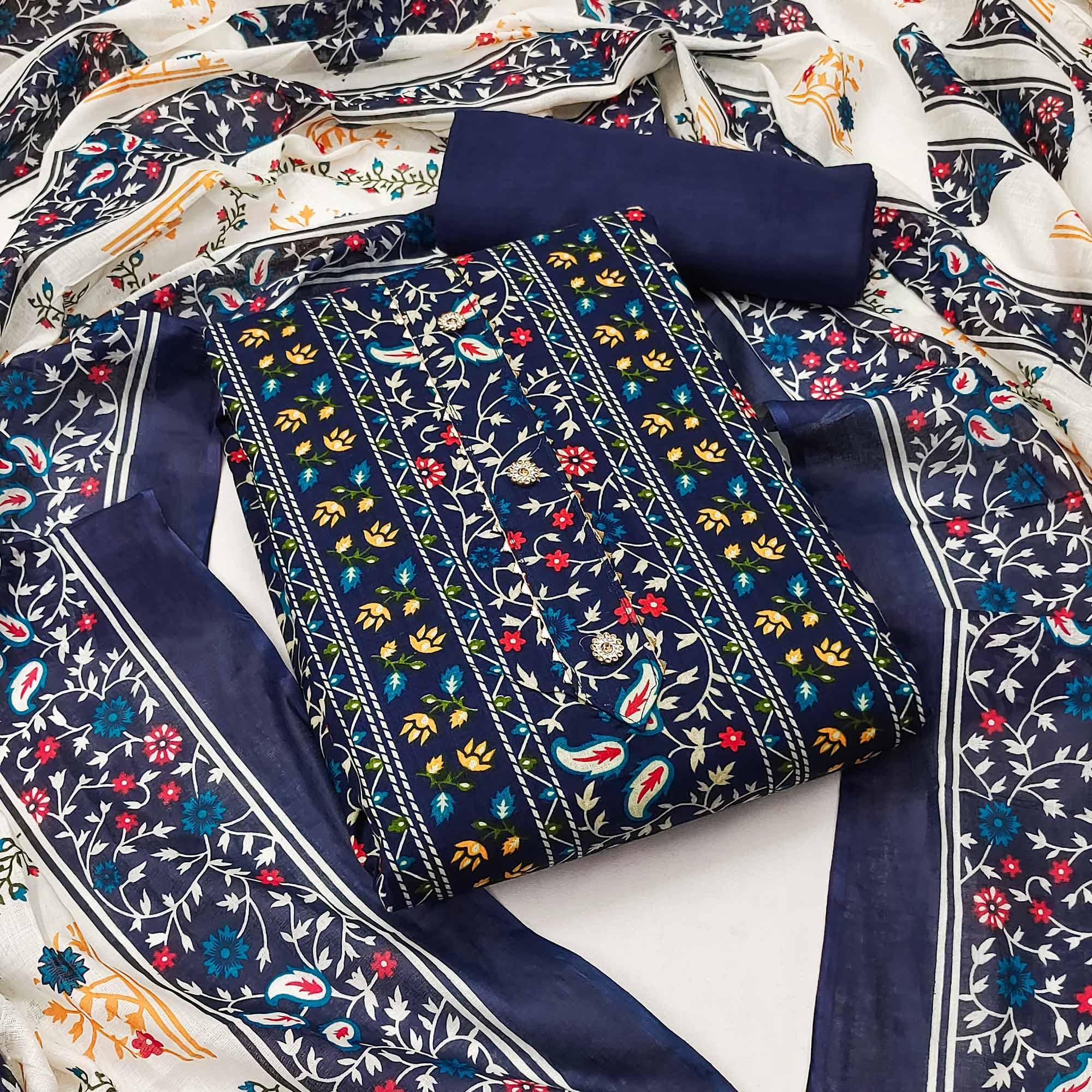 Navy Blue Floral Printed Pure Cotton Dress Material - Peachmode