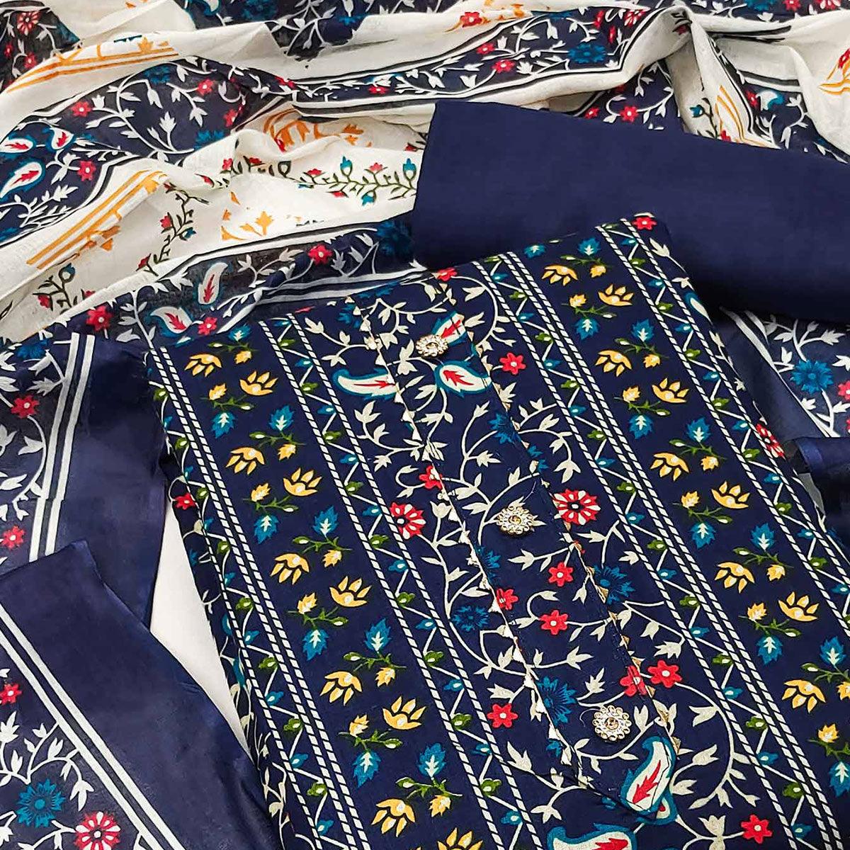Navy Blue Floral Printed Pure Cotton Dress Material - Peachmode