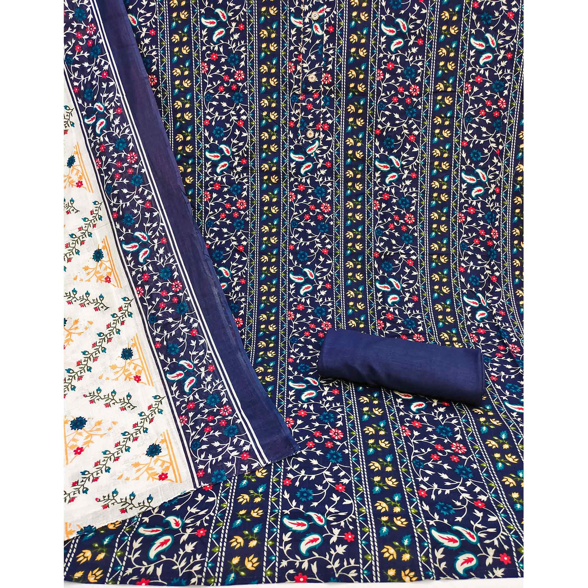 Navy Blue Floral Printed Pure Cotton Dress Material - Peachmode