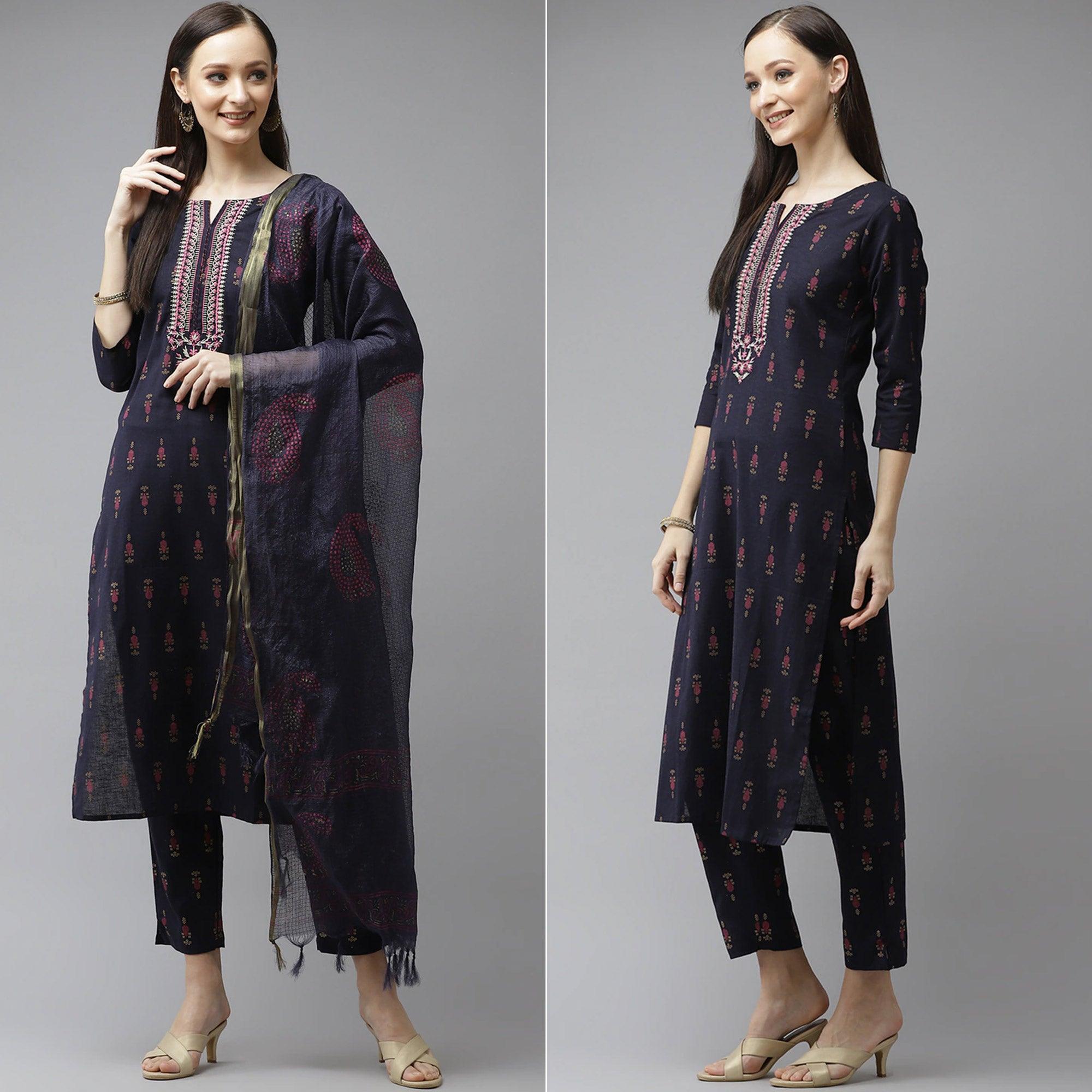 Navy Blue Floral Printed Pure Cotton Salwar Suit - Peachmode