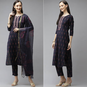 Navy Blue Floral Printed Pure Cotton Salwar Suit - Peachmode
