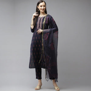 Navy Blue Floral Printed Pure Cotton Salwar Suit - Peachmode
