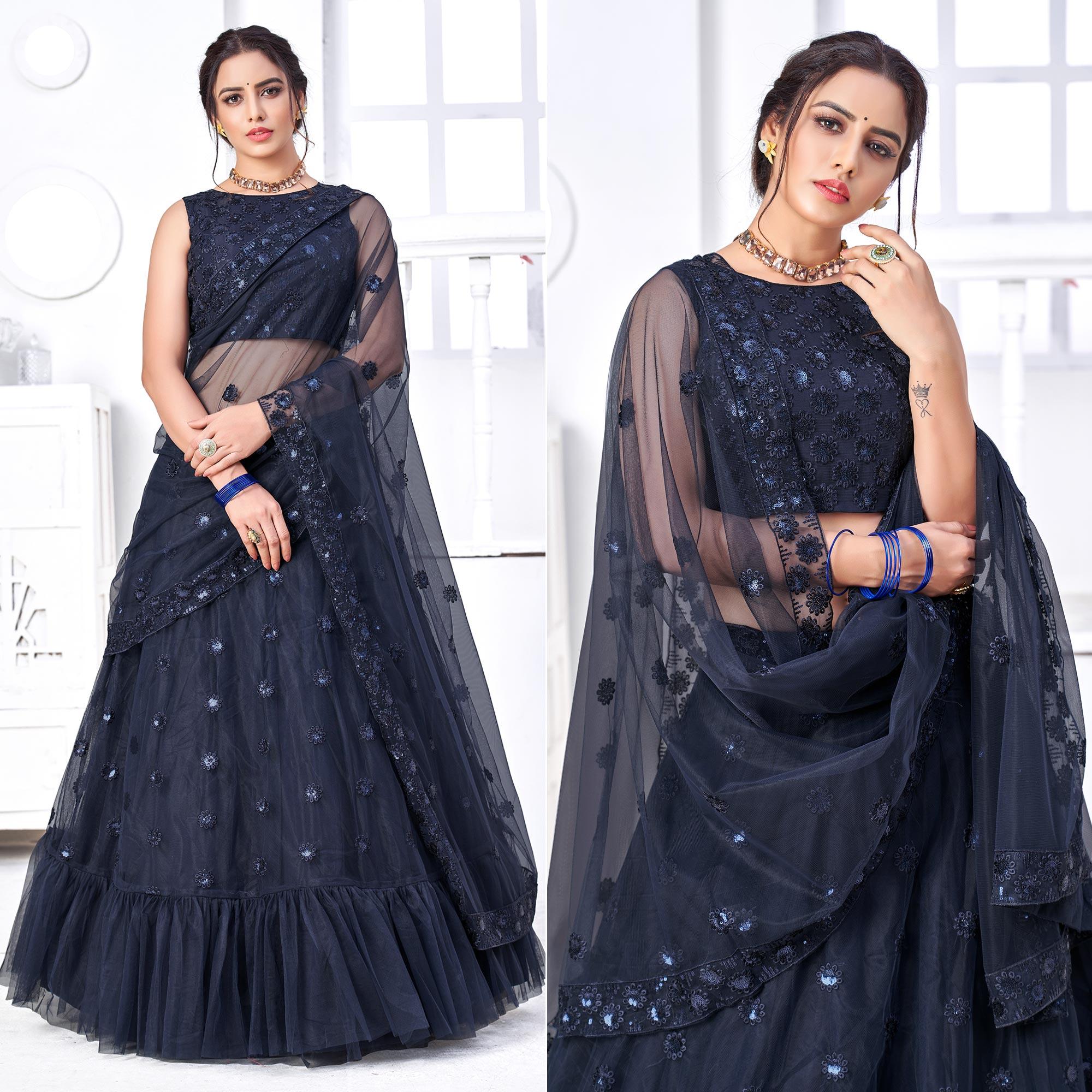 Navy Blue Floral Sequence Embroidered Net Lehenga Choli - Peachmode