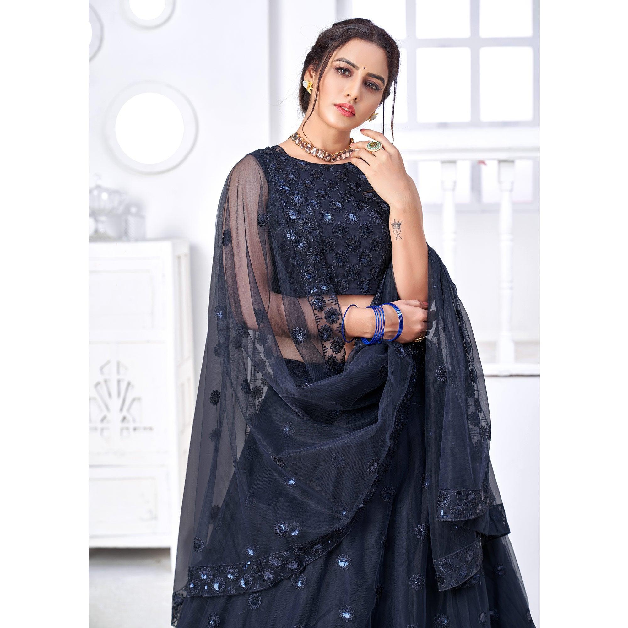Navy Blue Floral Sequence Embroidered Net Lehenga Choli - Peachmode