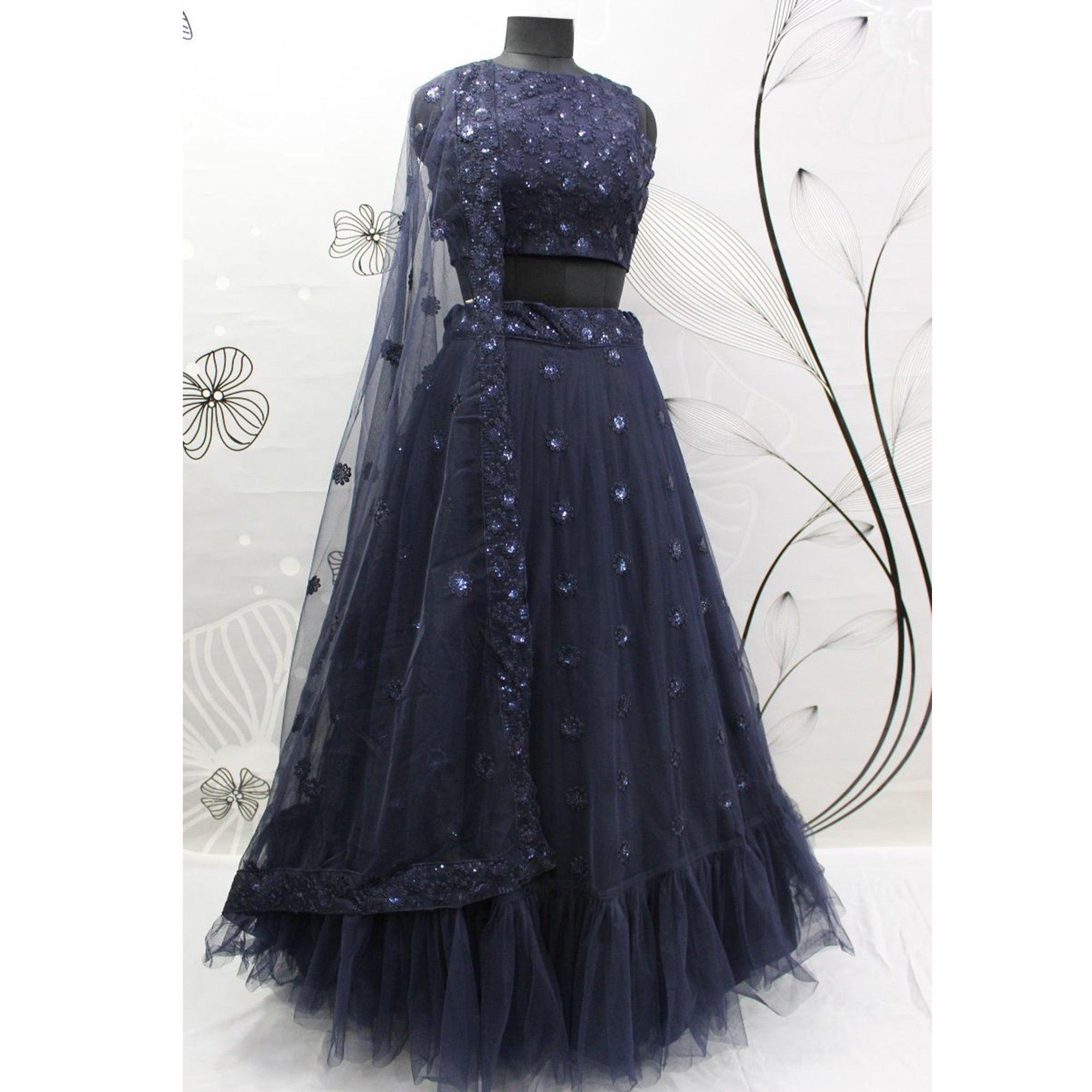 Navy Blue Floral Sequence Embroidered Net Lehenga Choli - Peachmode