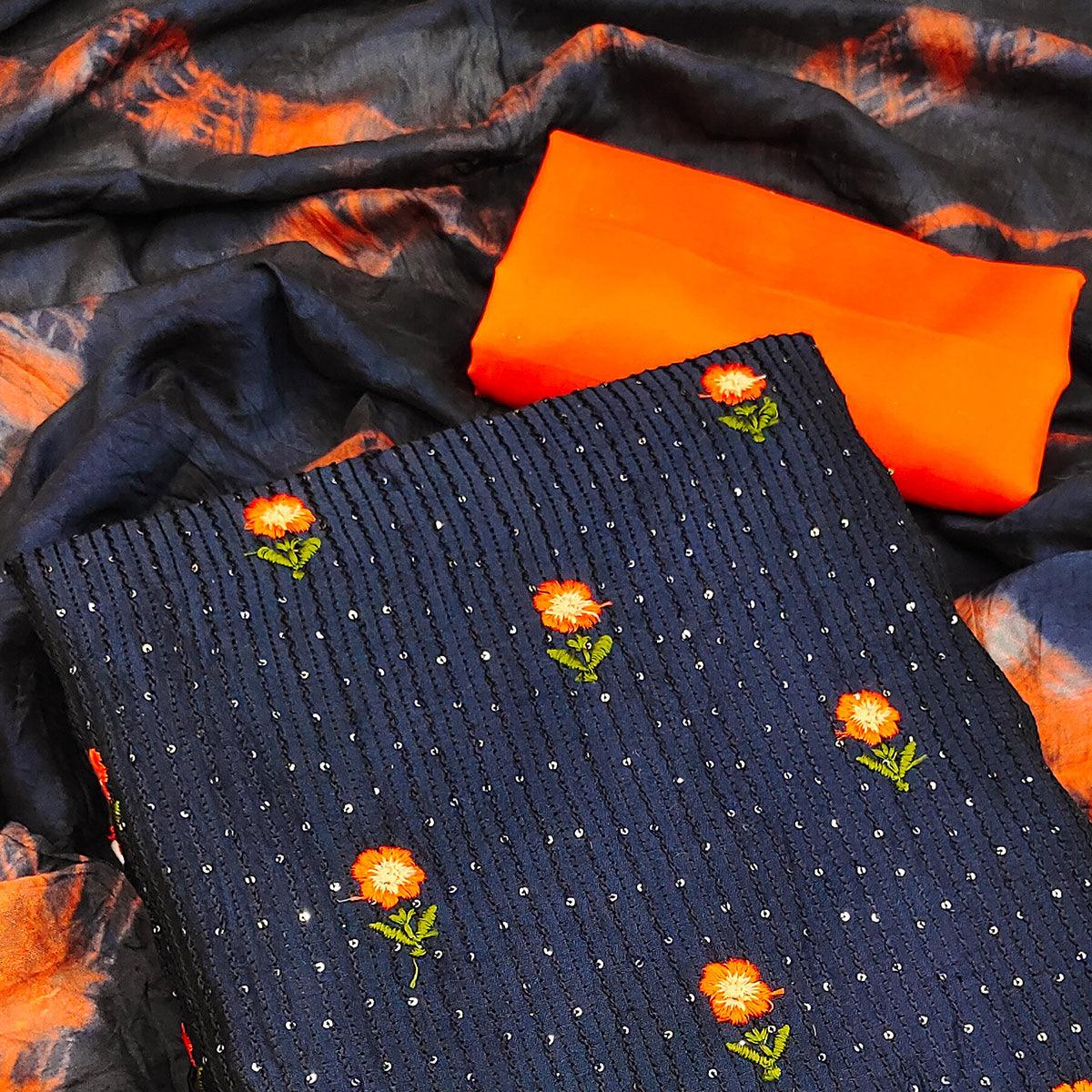 Navy Blue Floral Sequence Embroidered Pure Cotton Dress Material - Peachmode