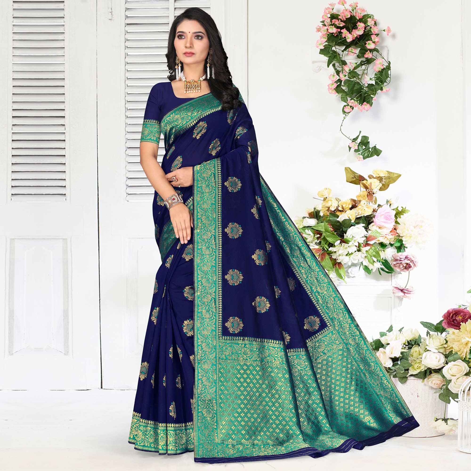 Navy Blue Floral Woven Art Silk Saree - Peachmode