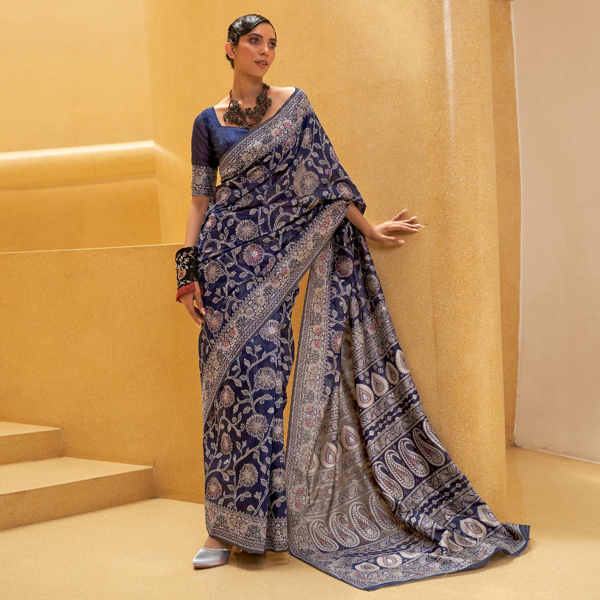 Navy Blue Floral Woven Art Silk Saree - Peachmode