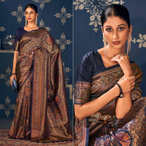Navy Blue Floral Woven Art Silk Saree - Peachmode