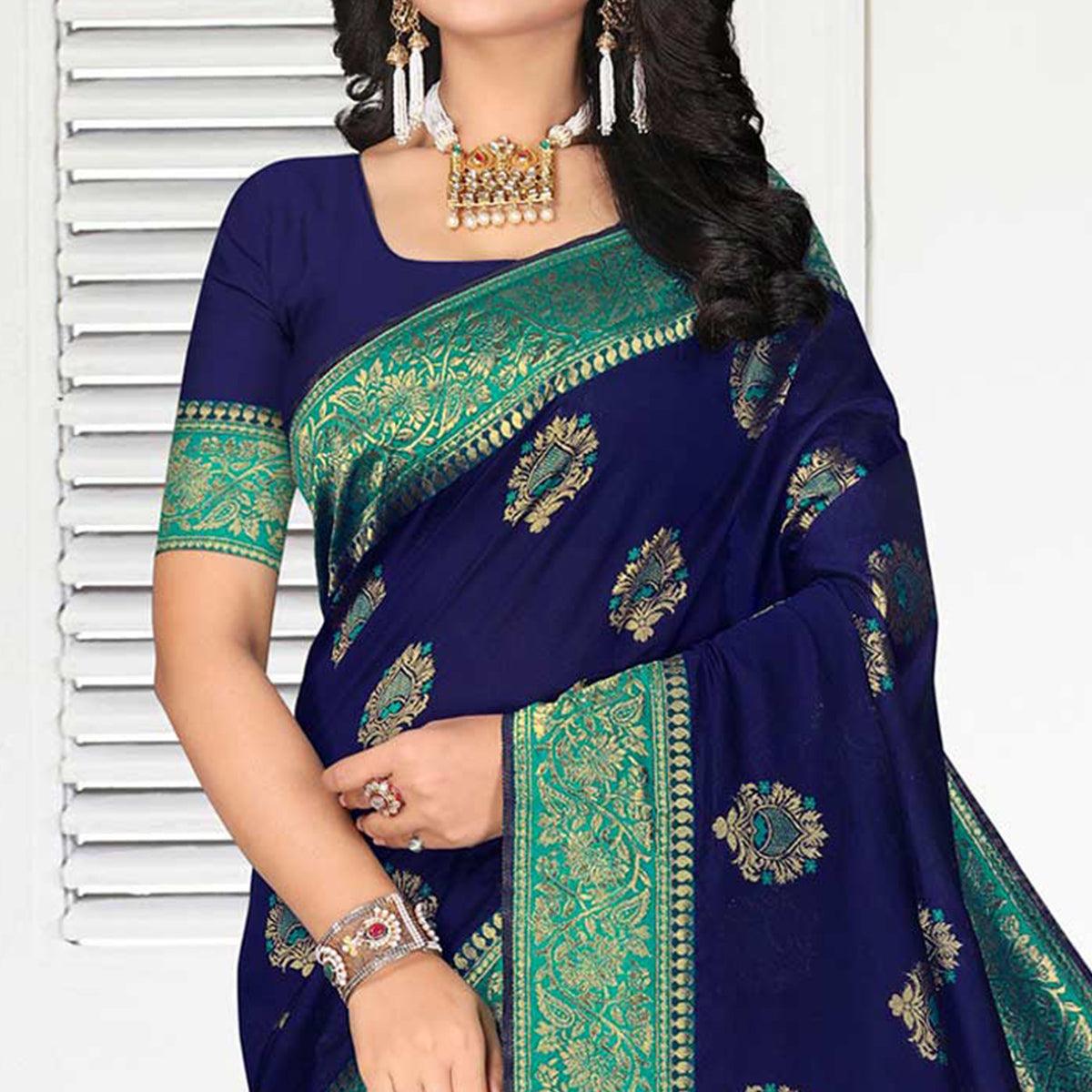 Navy Blue Floral Woven Art Silk Saree - Peachmode