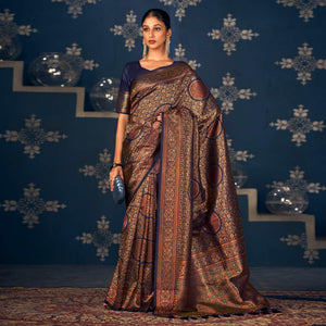 Navy Blue Floral Woven Art Silk Saree - Peachmode