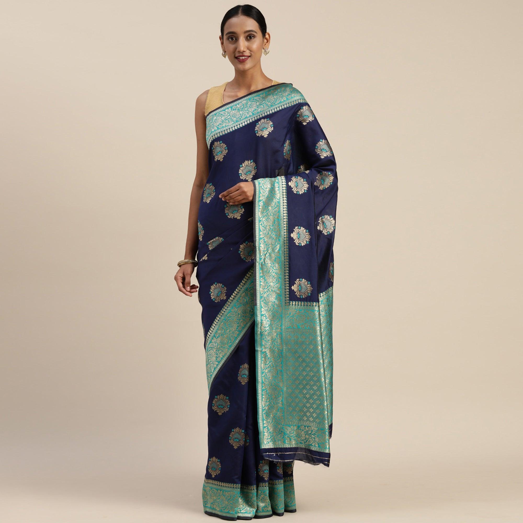 Navy Blue Floral Woven Art Silk Saree - Peachmode