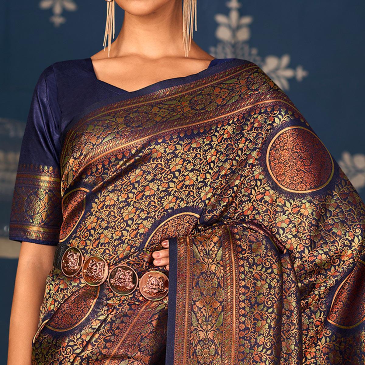 Navy Blue Floral Woven Art Silk Saree - Peachmode