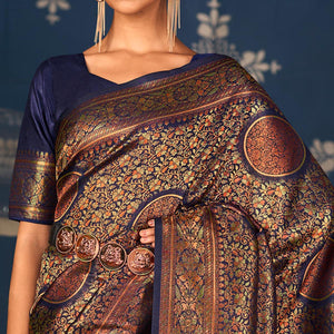 Navy Blue Floral Woven Art Silk Saree - Peachmode