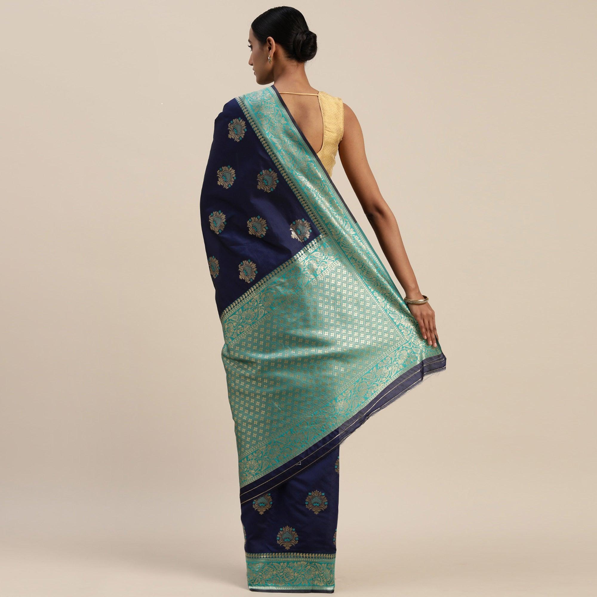 Navy Blue Floral Woven Art Silk Saree - Peachmode