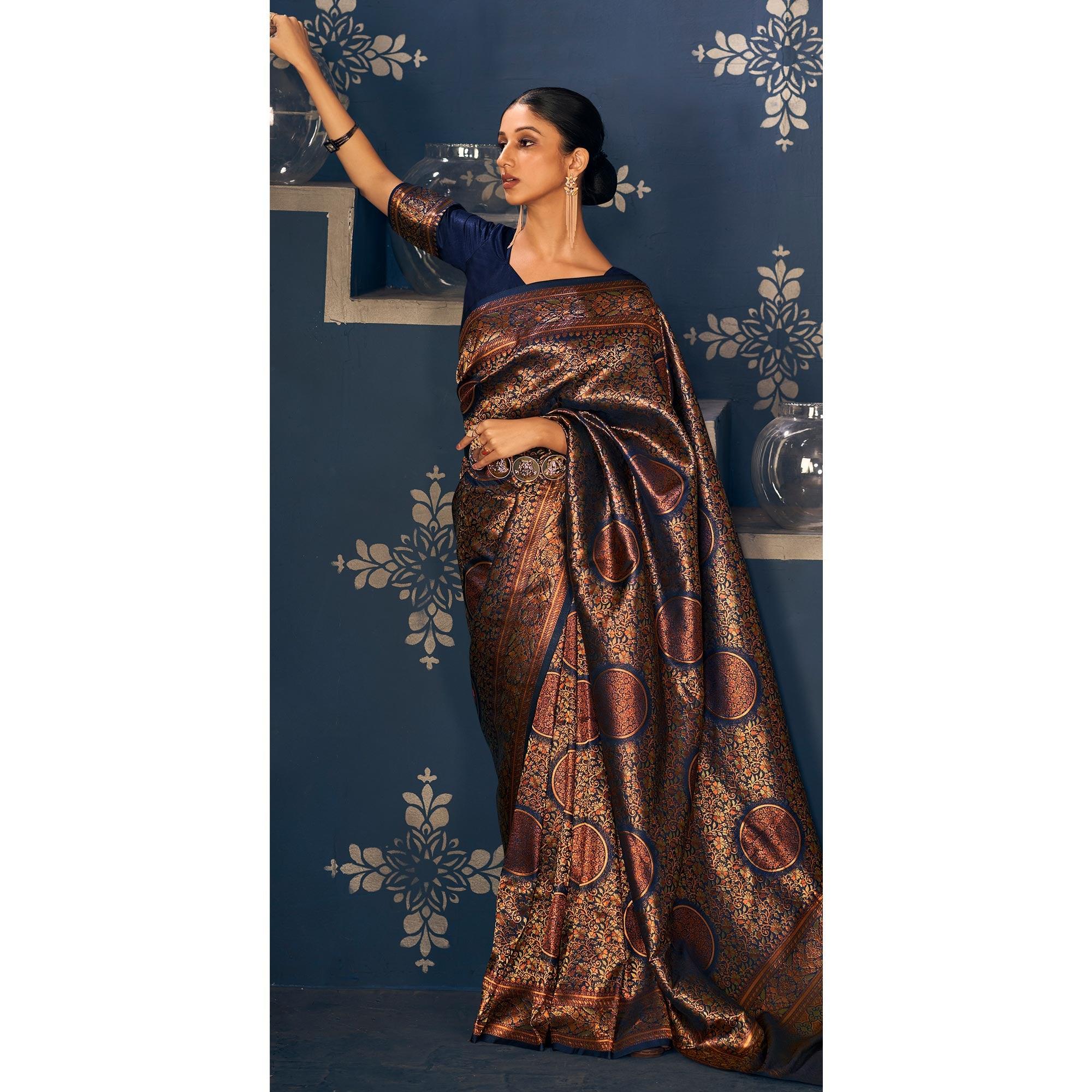 Navy Blue Floral Woven Art Silk Saree - Peachmode