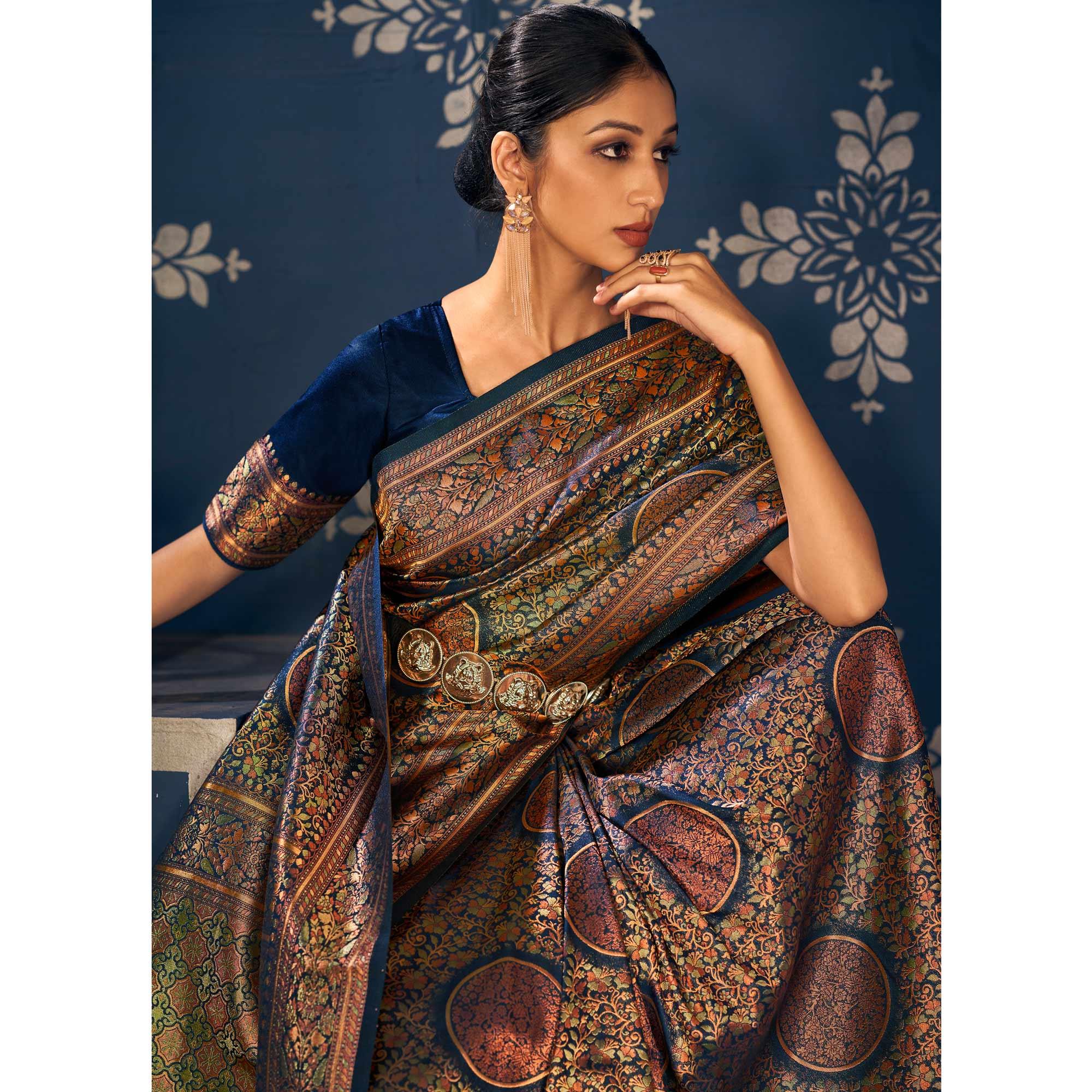 Navy Blue Floral Woven Art Silk Saree - Peachmode