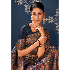 Navy Blue Floral Woven Art Silk Saree - Peachmode