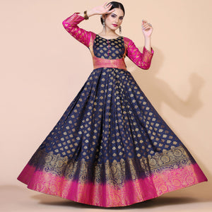 Navy Blue Floral Woven Jacquard Anarkali Style Gown - Peachmode