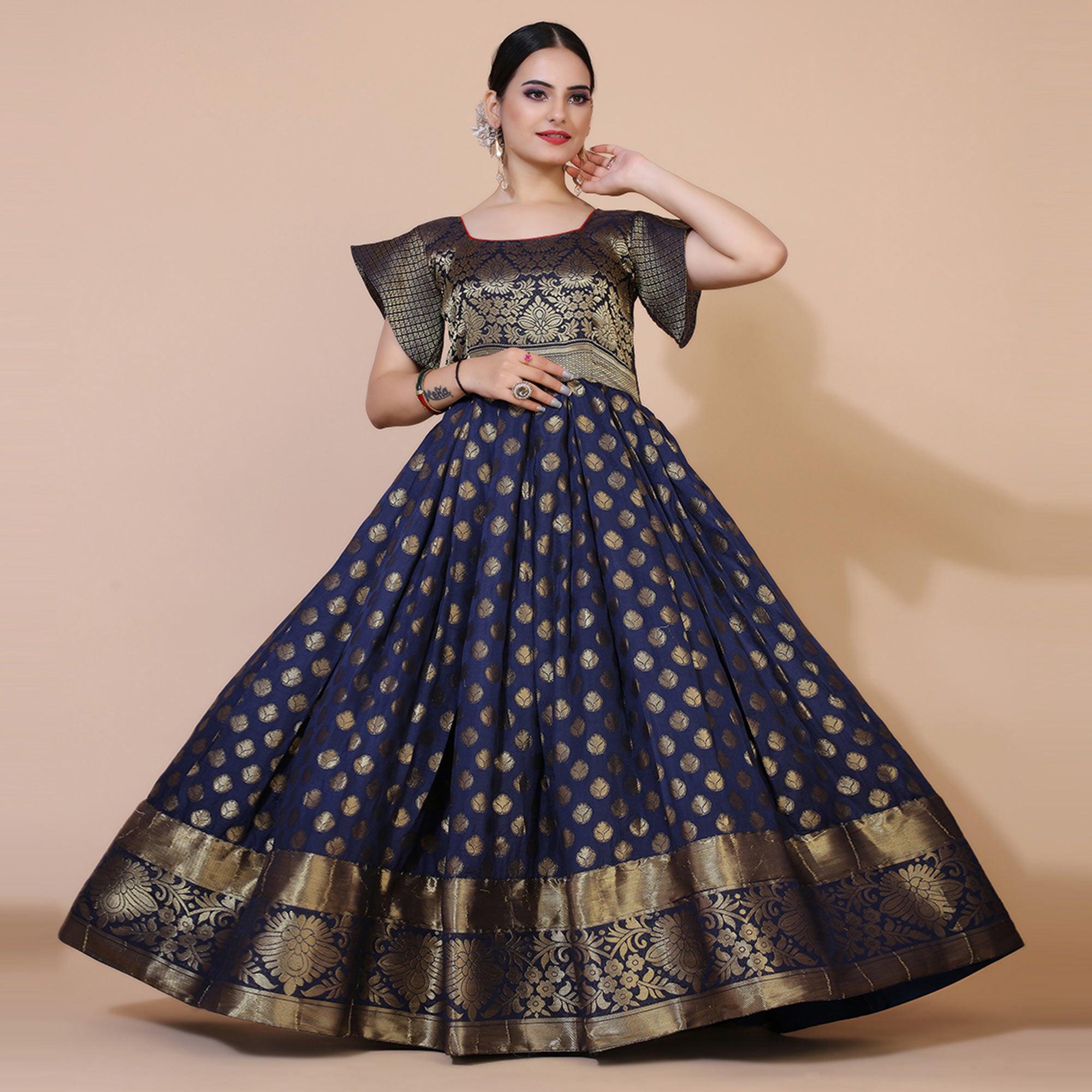 Navy Blue Floral Woven Jacquard Anarkali Style Gown - Peachmode