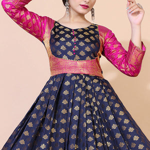 Navy Blue Floral Woven Jacquard Anarkali Style Gown - Peachmode