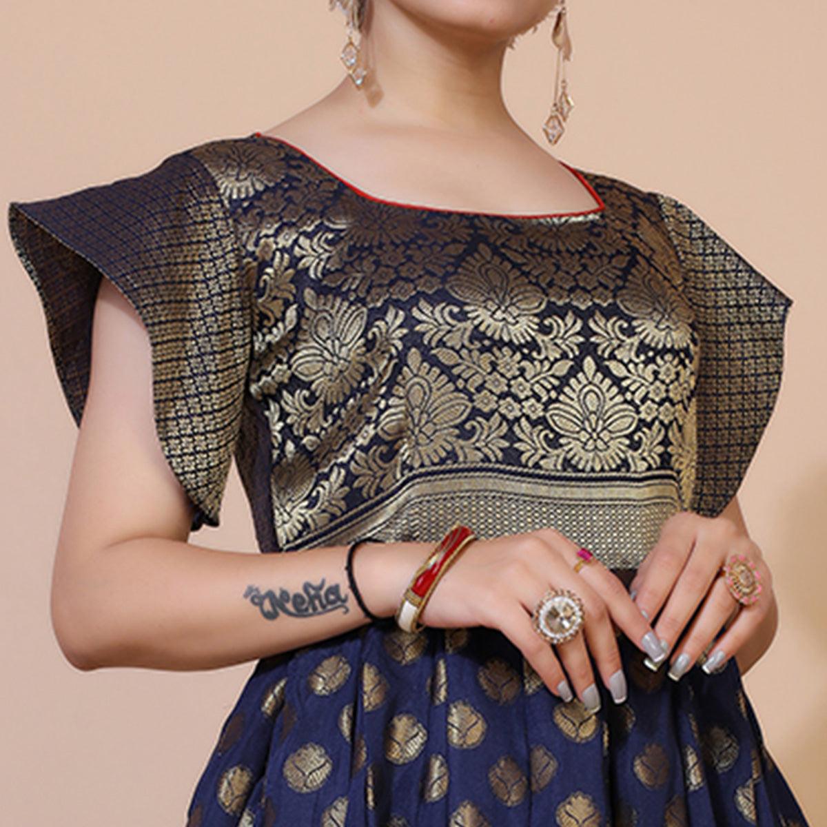 Navy Blue Floral Woven Jacquard Anarkali Style Gown - Peachmode