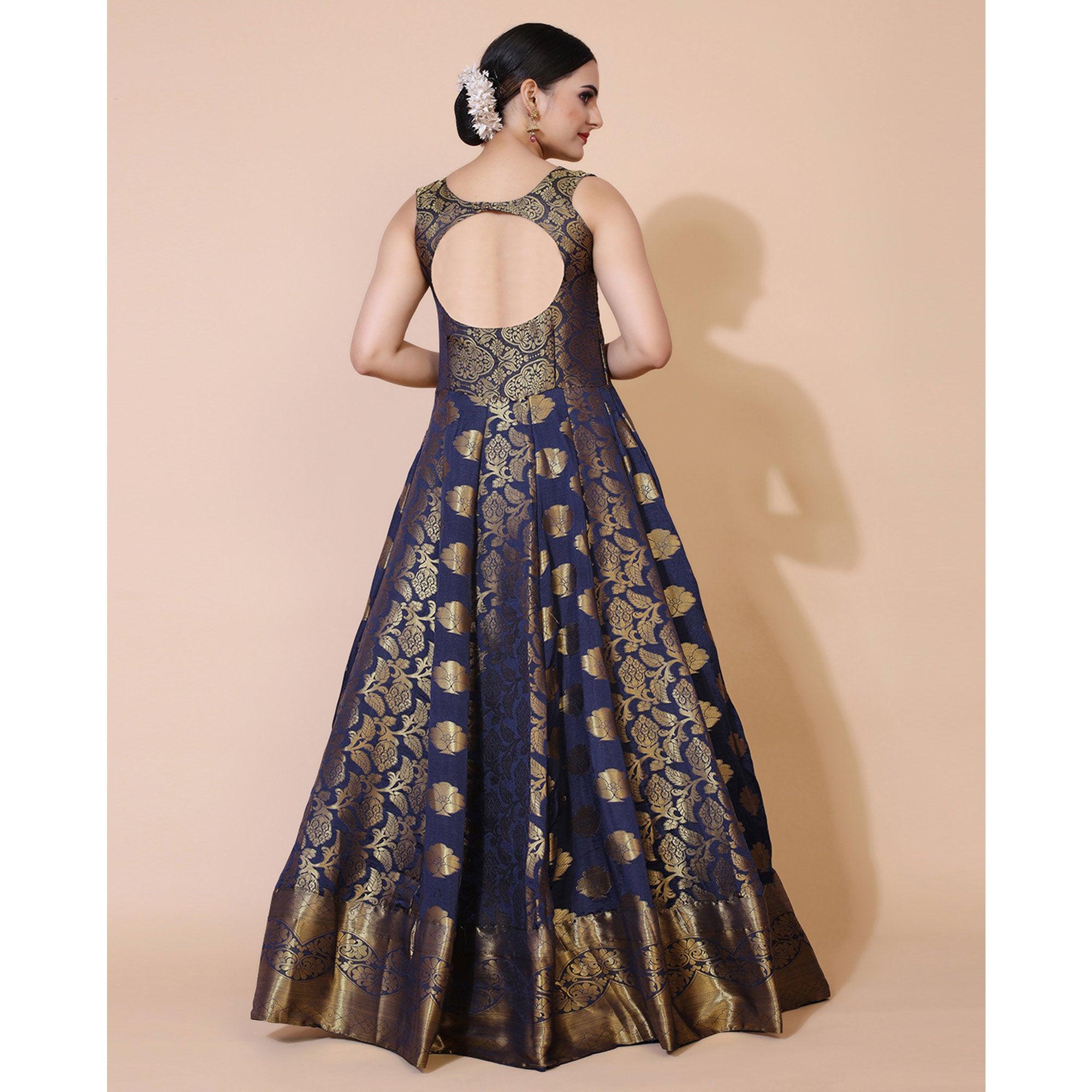 Navy Blue Floral Woven Jacquard Anarkali Style Gown - Peachmode