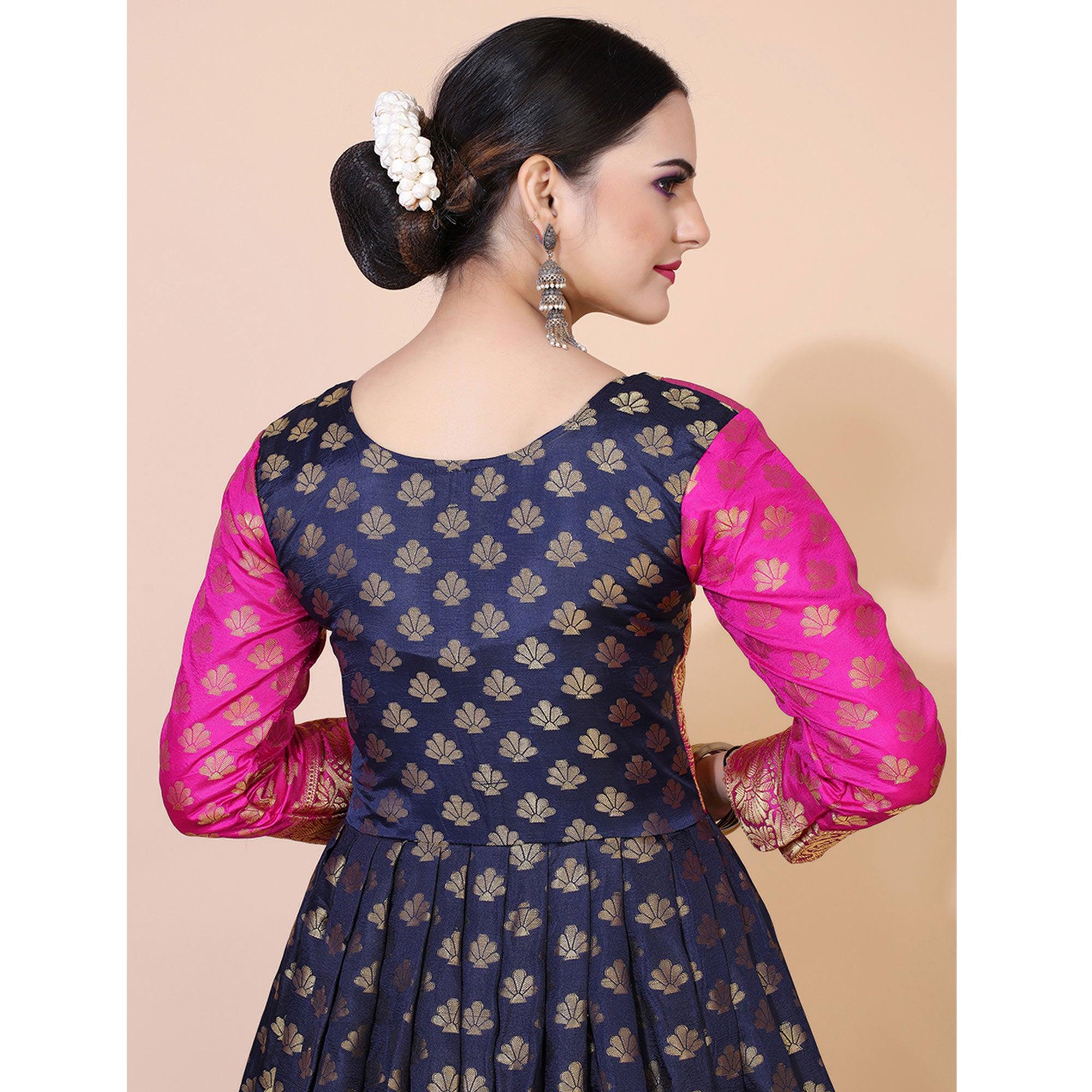 Navy Blue Floral Woven Jacquard Anarkali Style Gown - Peachmode