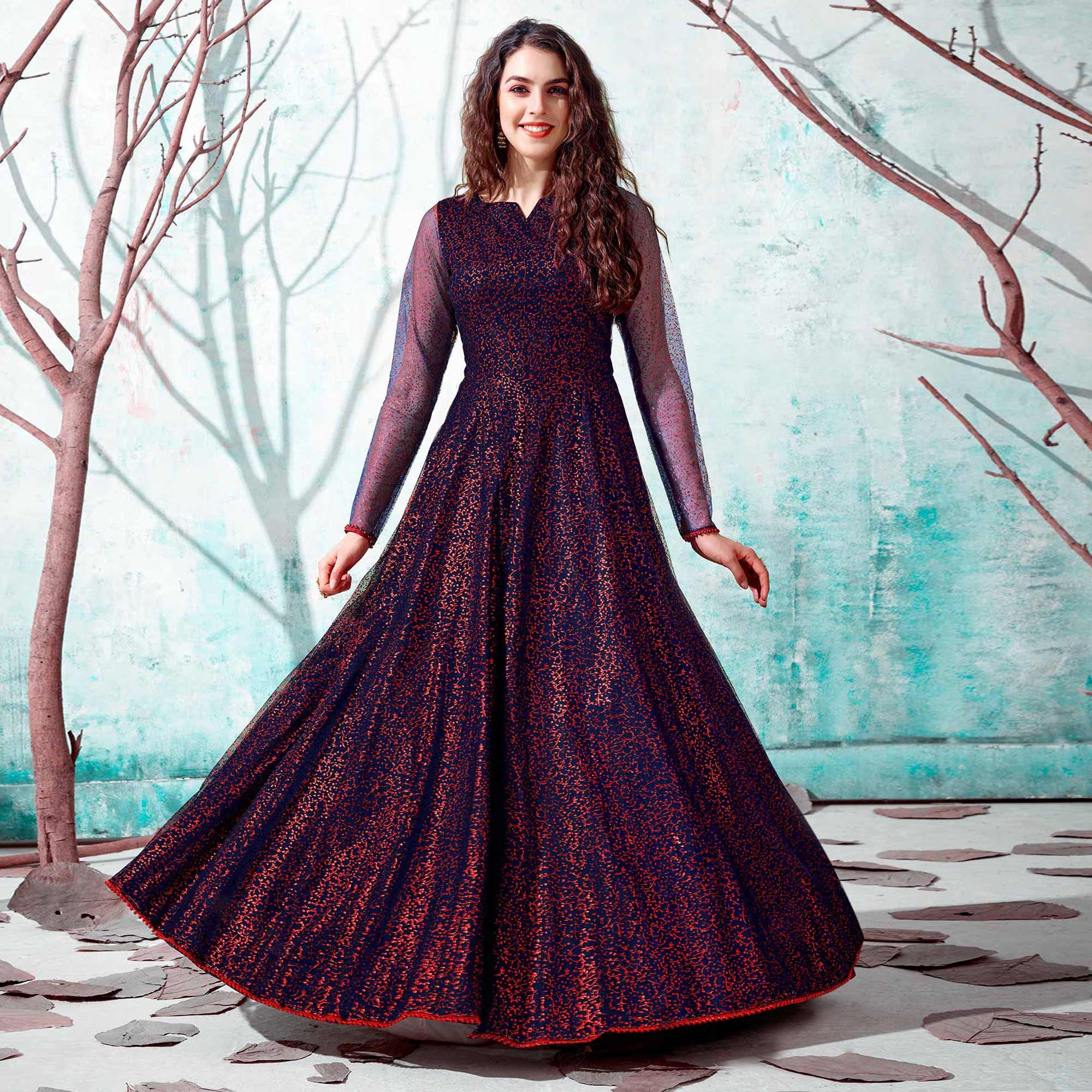 Navy Blue Foil Printed Netted Gown - Peachmode