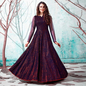 Navy Blue Foil Printed Netted Gown - Peachmode