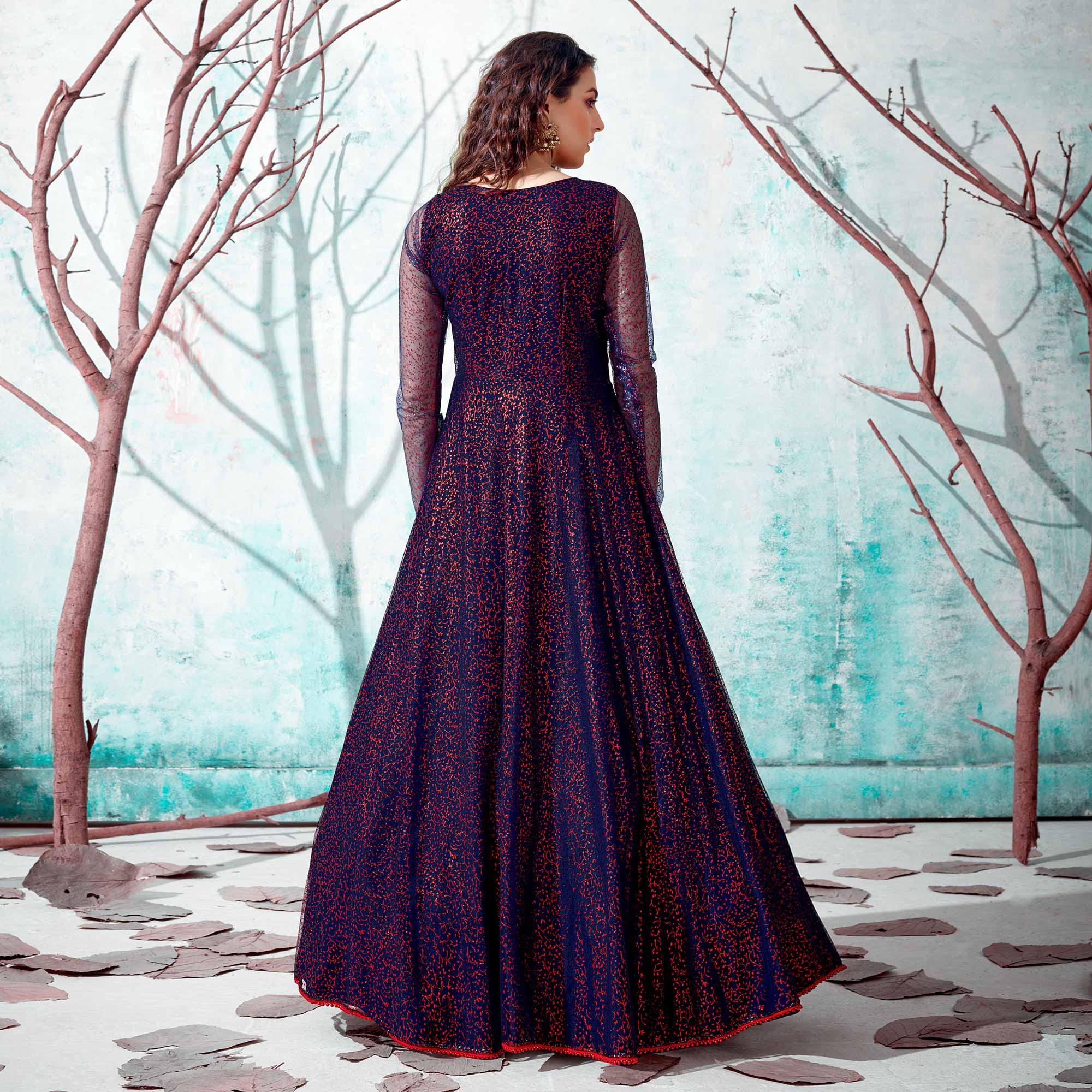 Navy Blue Foil Printed Netted Gown - Peachmode