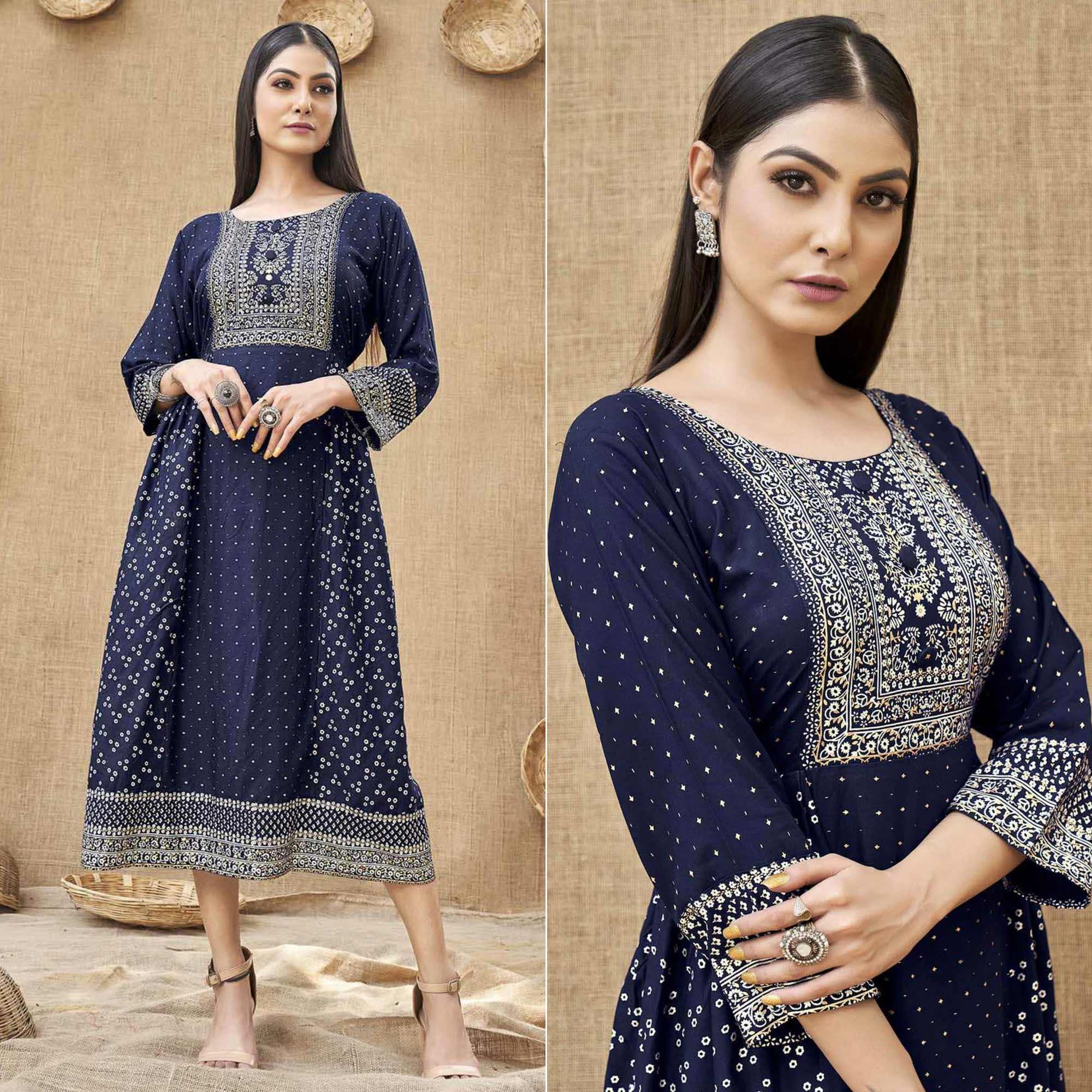 Navy Blue Foil Printed Rayon Kurti - Peachmode