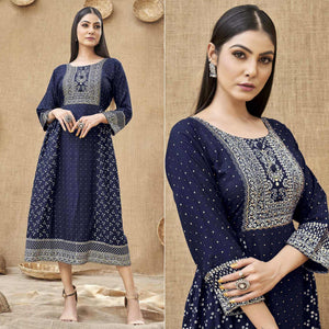 Navy Blue Foil Printed Rayon Kurti - Peachmode