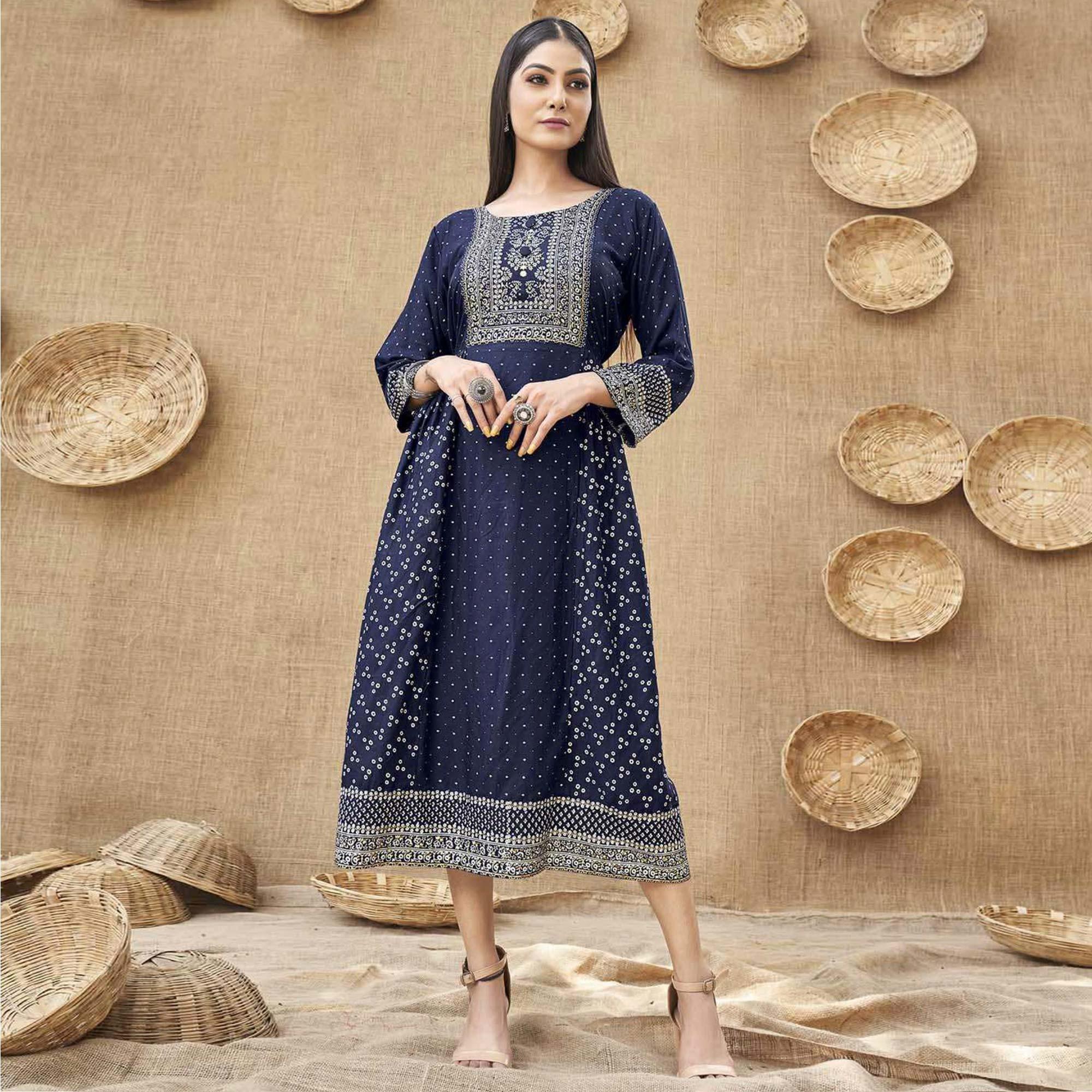 Navy Blue Foil Printed Rayon Kurti - Peachmode